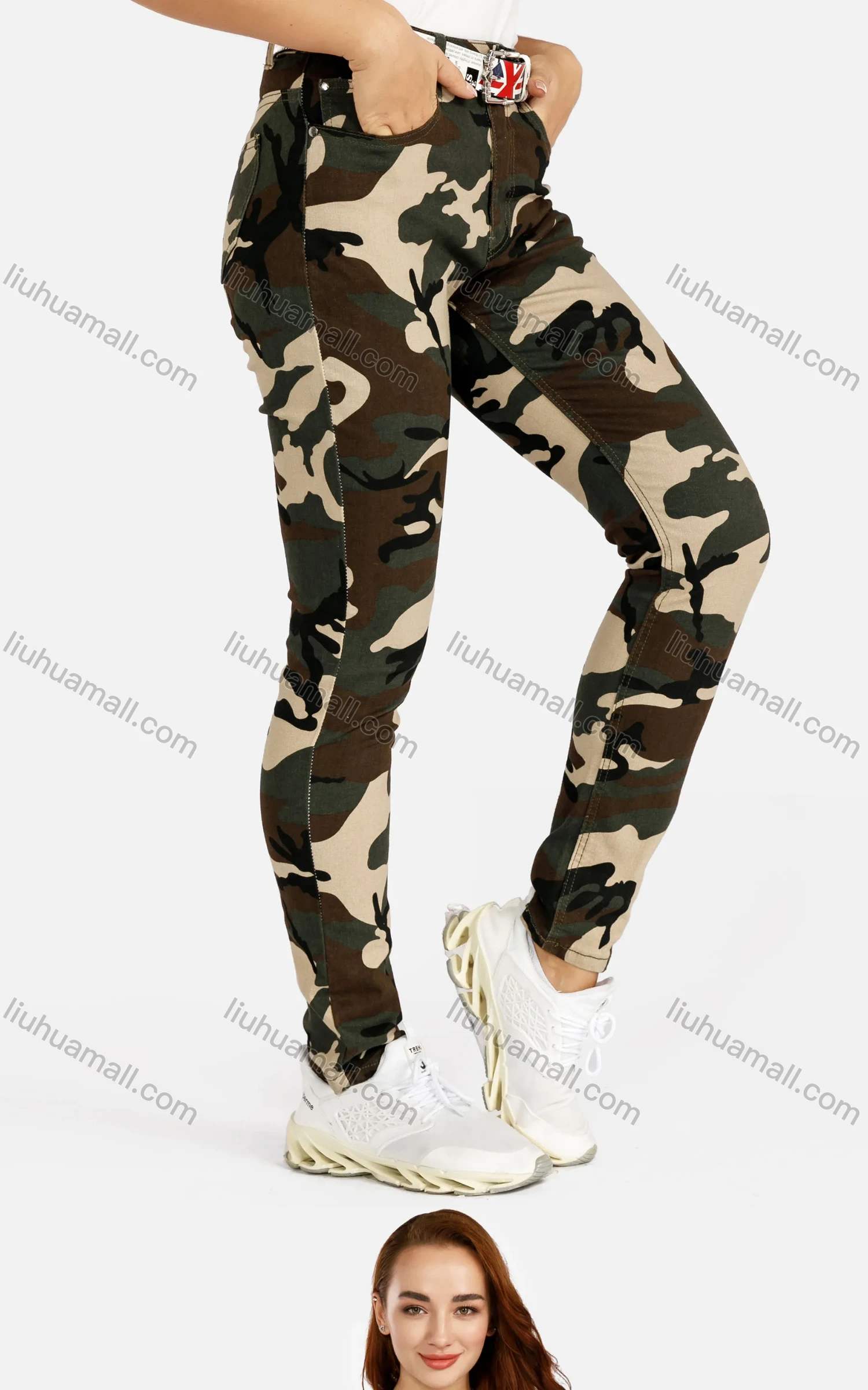 Wholesale Women's Camouflage Print Pocket Skinny Long Pants With Belt - Liuhuamall