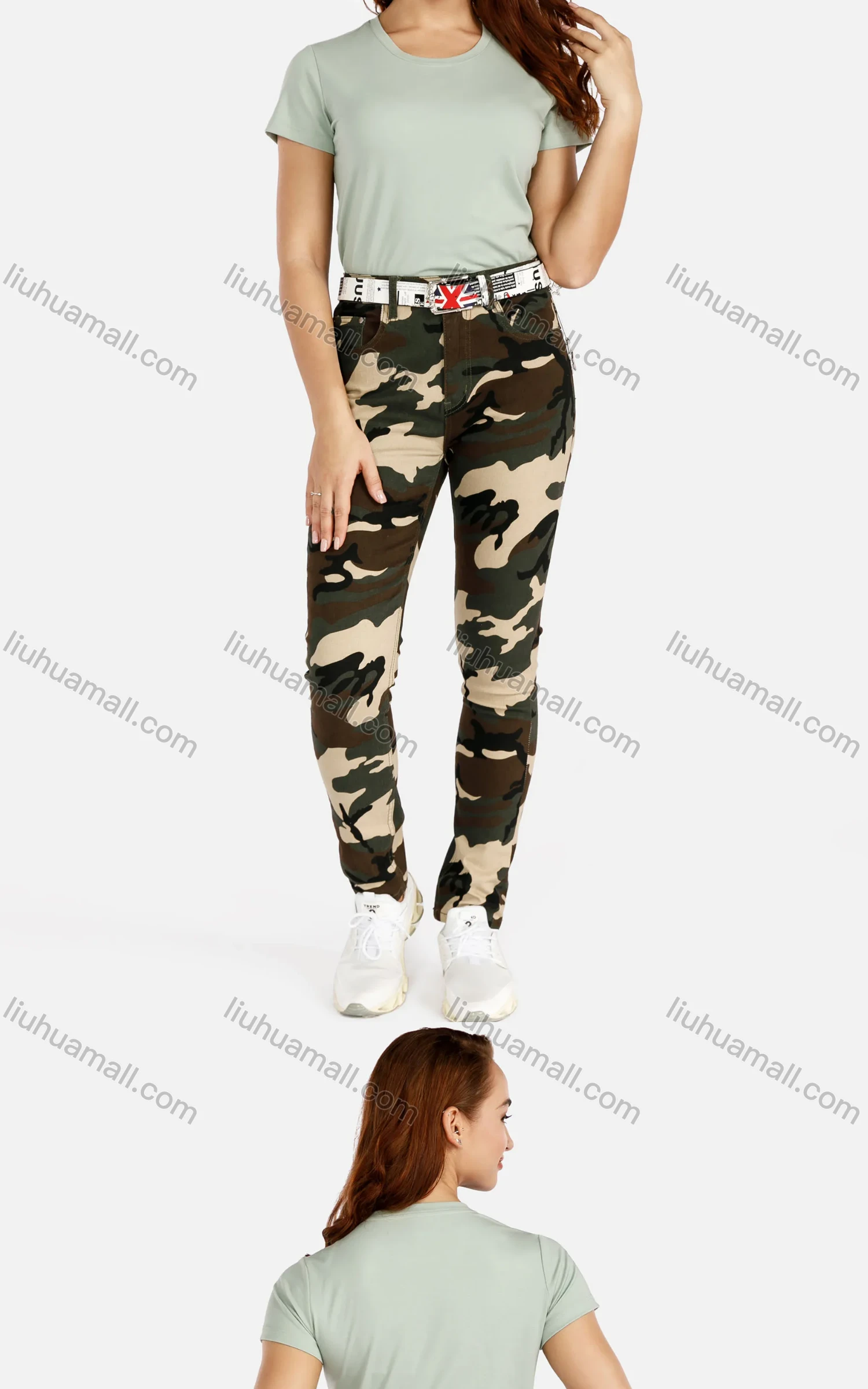 Wholesale Women's Camouflage Print Pocket Skinny Long Pants With Belt - Liuhuamall