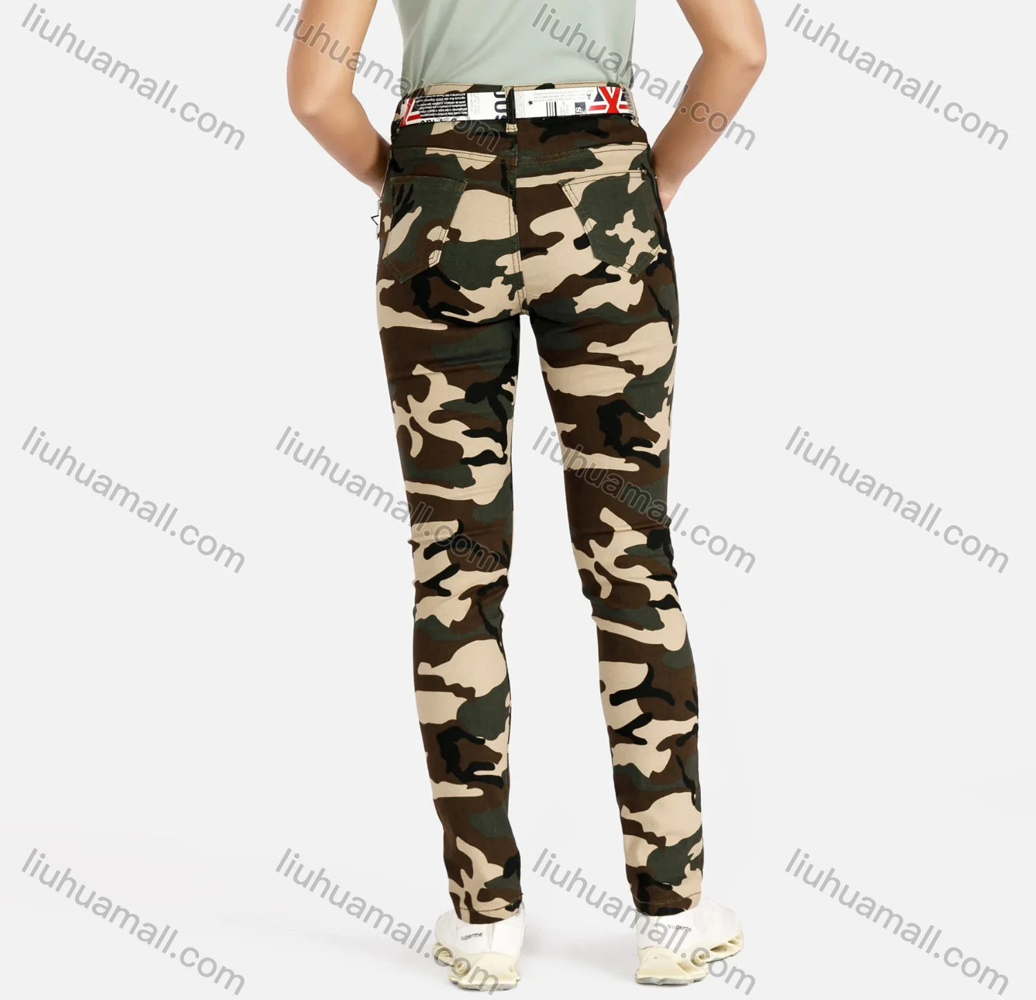 Wholesale Women's Camouflage Print Pocket Skinny Long Pants With Belt - Liuhuamall