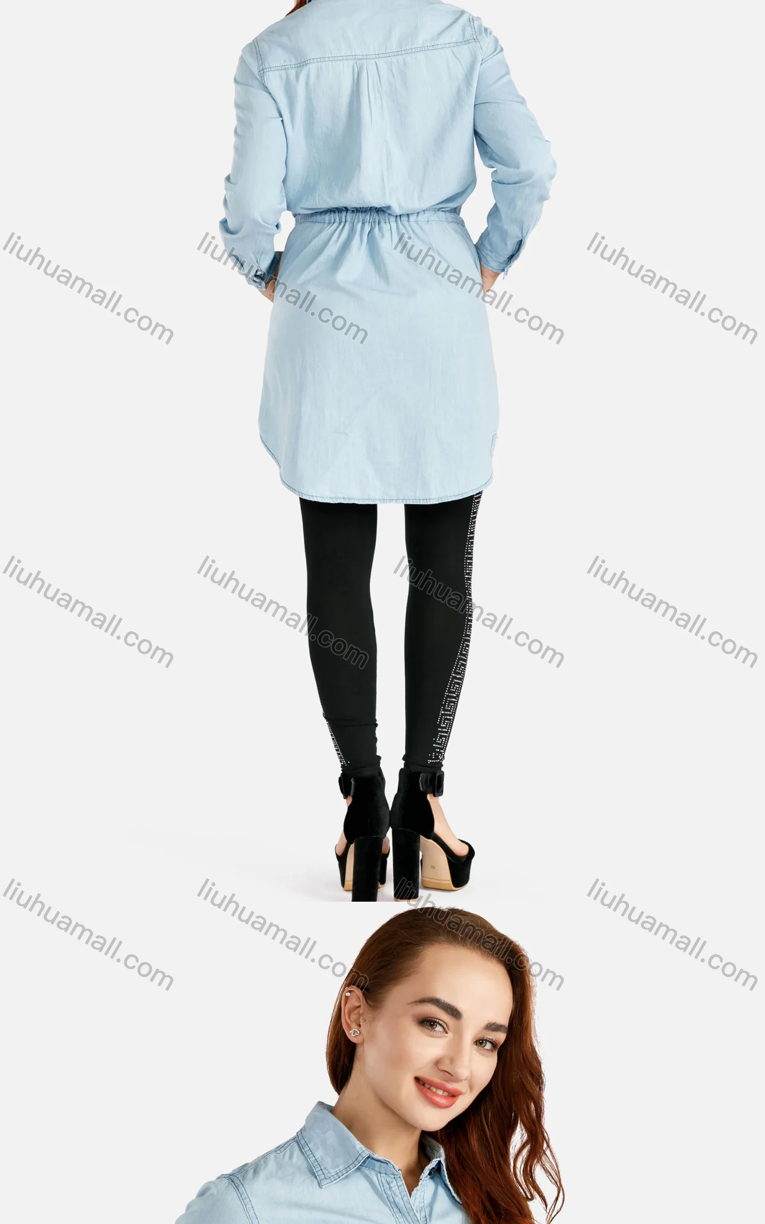 Wholesale Women's Long Sleeve Plain Button Front Curved Hem Drawstring Denim Tunic With Skinny Pants 2 Piece Set - Liuhuamall