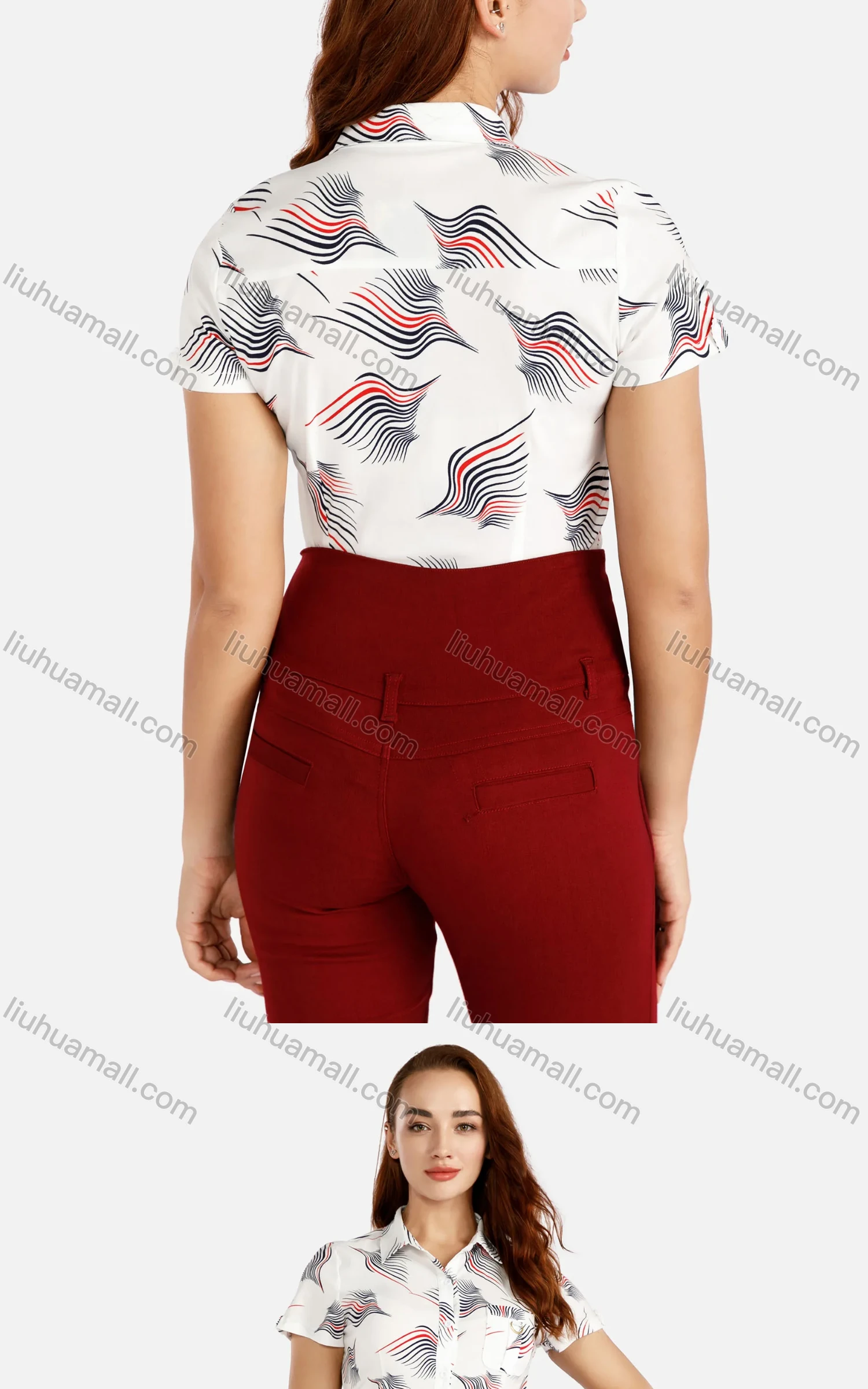 Wholesale Women's Abstract Print Collared Patch Pocket Button Front Short Sleeve Shirt - Liuhuamall
