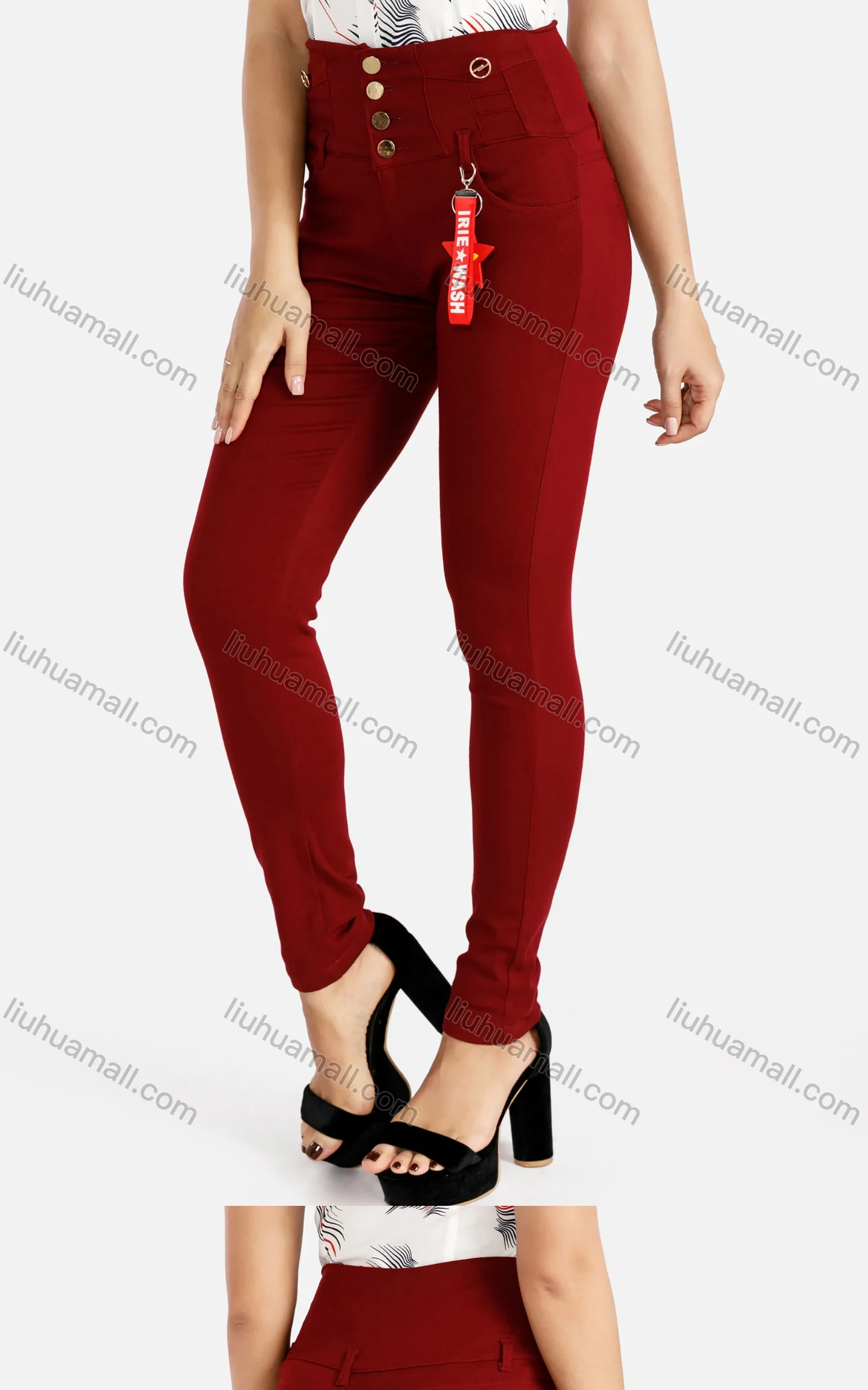 Wholesale Women's Plain High Waist Tailored Button Front Pockets Skinny Pants - Liuhuamall