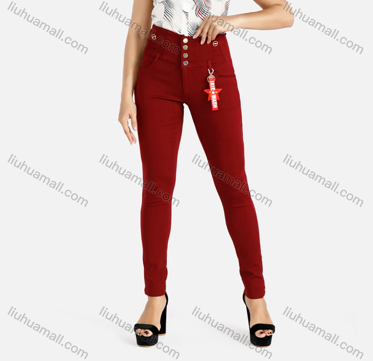 Wholesale Women's Plain High Waist Tailored Button Front Pockets Skinny Pants - Liuhuamall