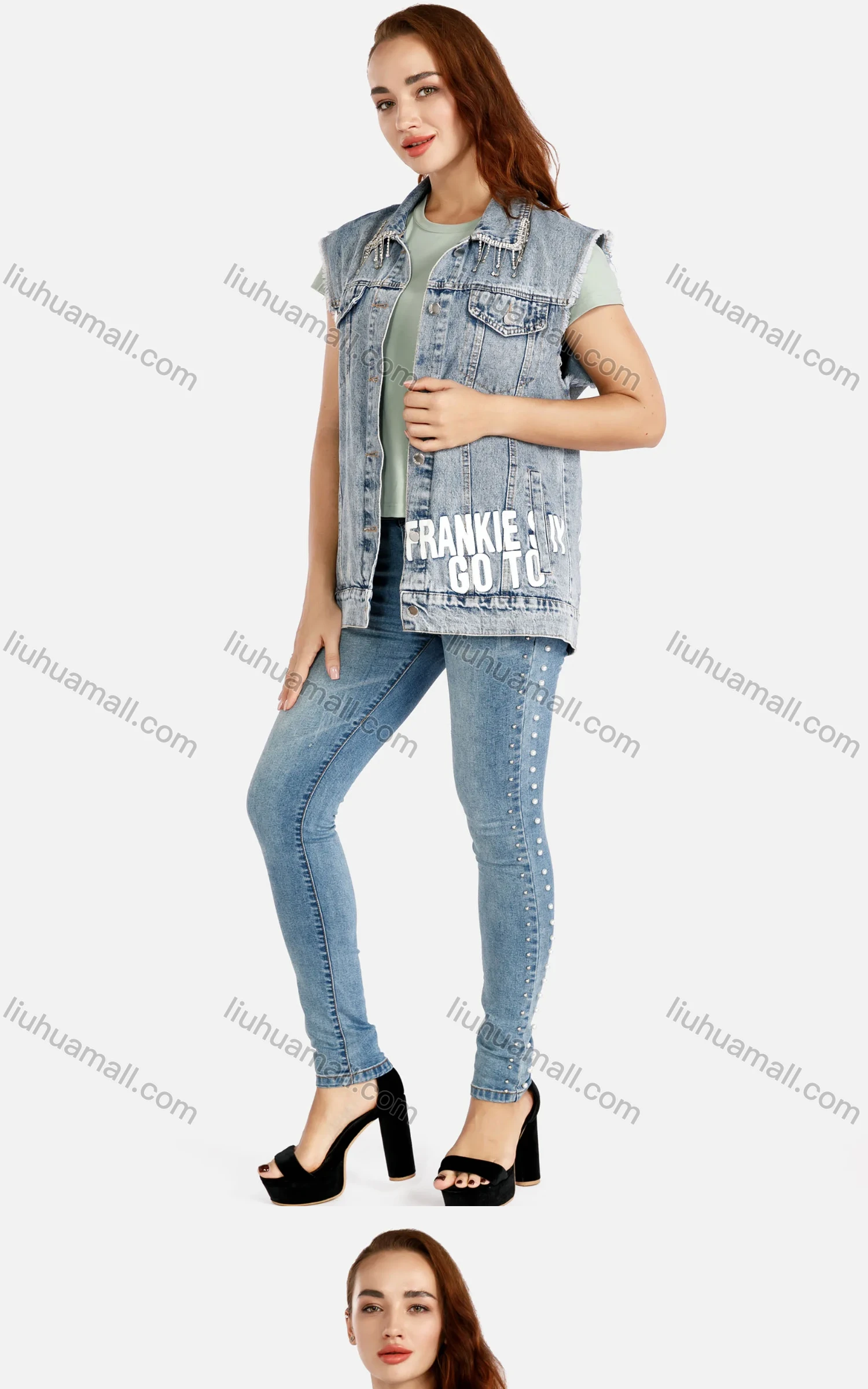 Wholesale Women's Slogan Letter Rhinestone Pearl Decor Denim Vest Jacket & High-Waisted Skinny Jeans Set - Liuhuamall