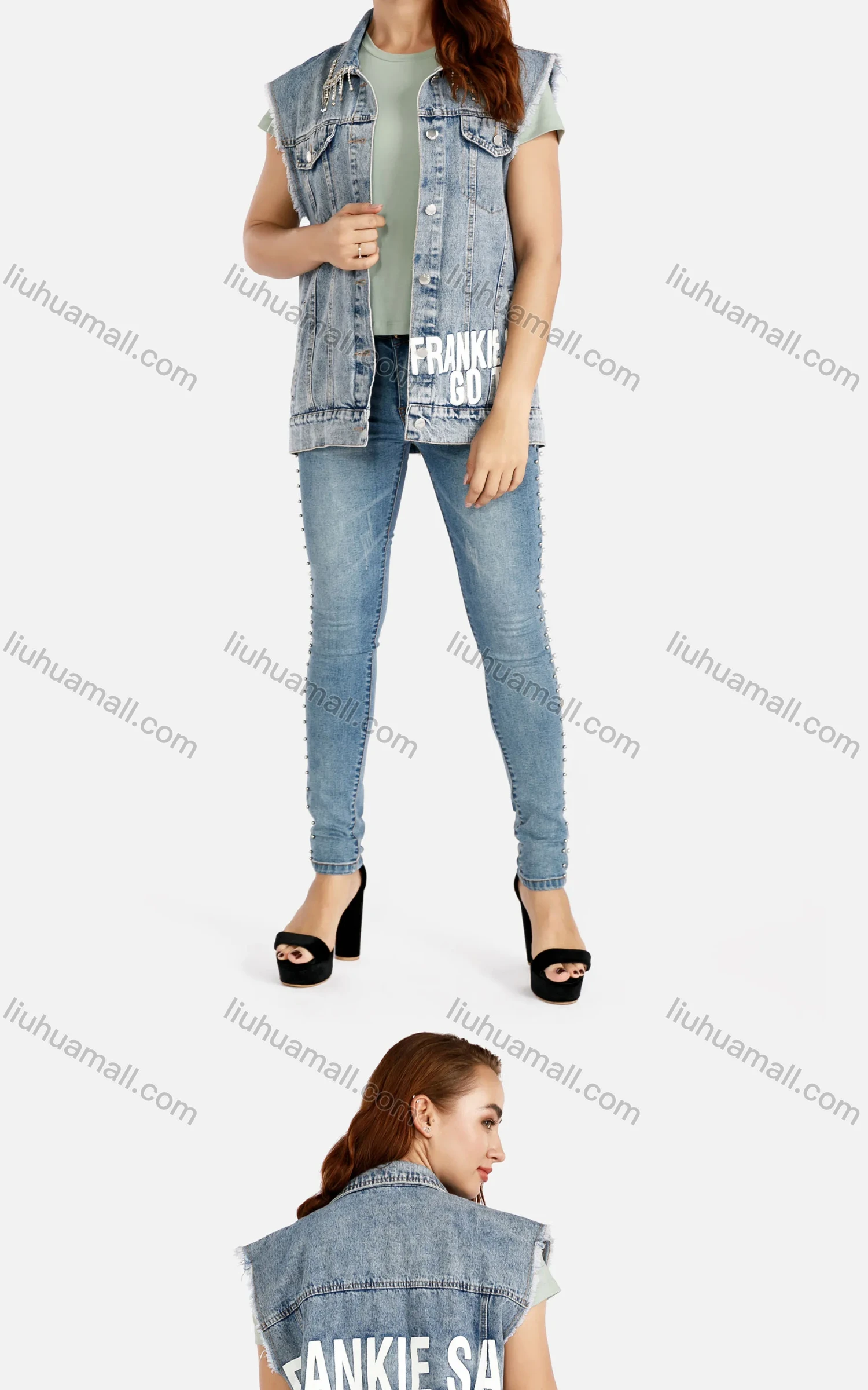 Wholesale Women's Slogan Letter Rhinestone Pearl Decor Denim Vest Jacket & High-Waisted Skinny Jeans Set - Liuhuamall