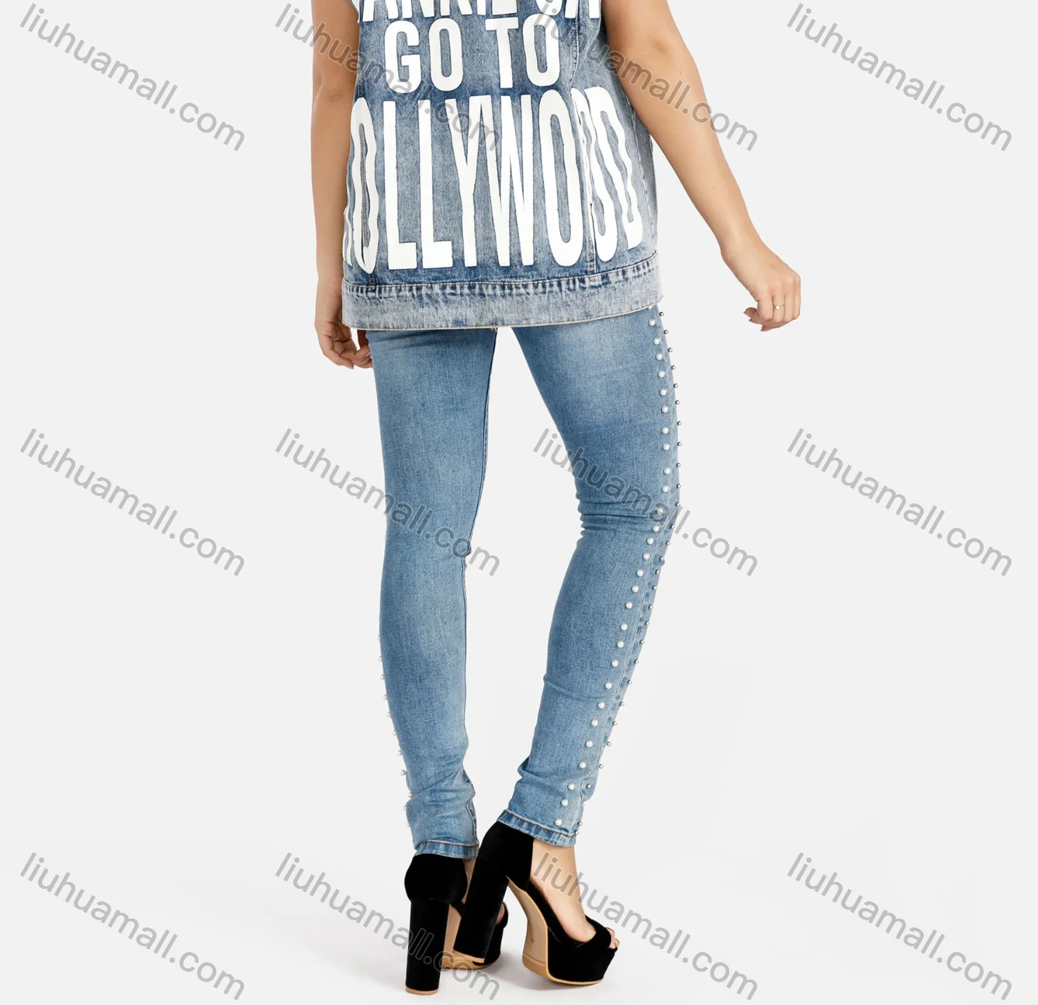 Wholesale Women's Slogan Letter Rhinestone Pearl Decor Denim Vest Jacket & High-Waisted Skinny Jeans Set - Liuhuamall