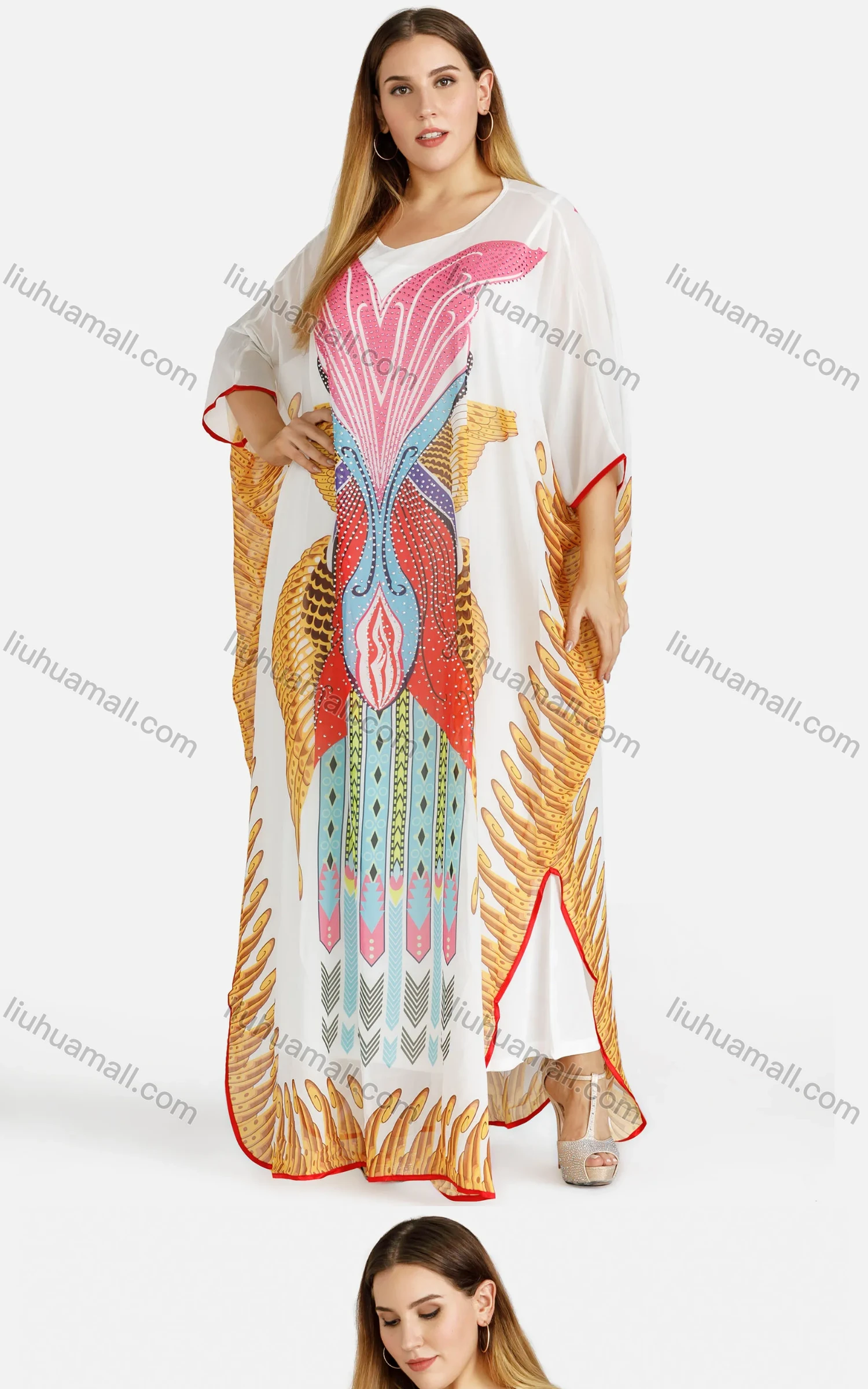 Wholesale Women's African Tribal Print Rhinestone Slit Hem Plus Size Kaftan Dress - Liuhuamall