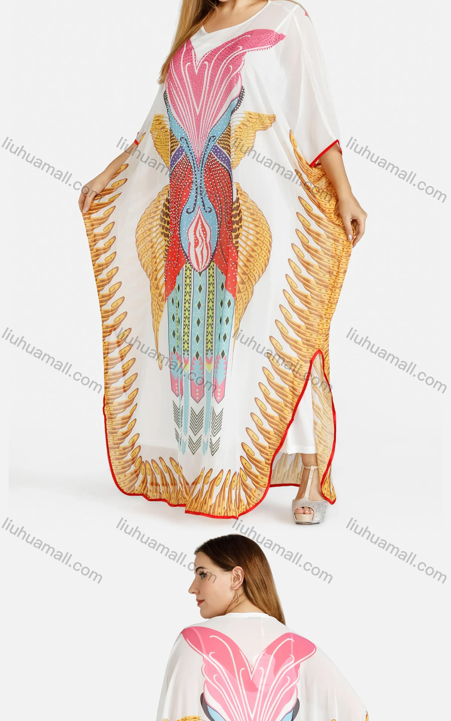 Wholesale Women's African Tribal Print Rhinestone Slit Hem Plus Size Kaftan Dress - Liuhuamall