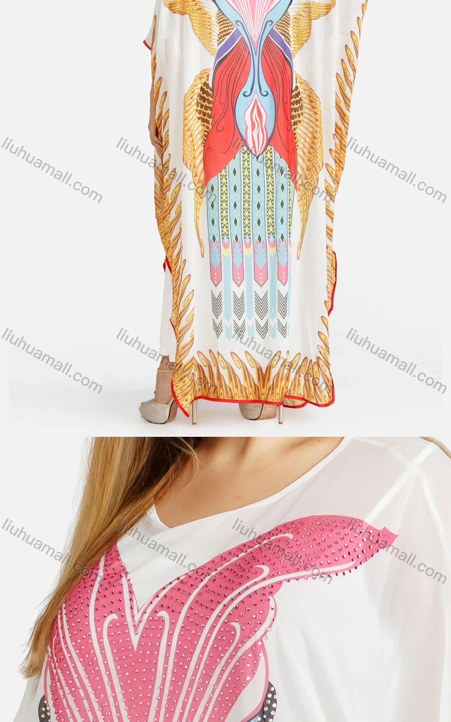 Wholesale Women's African Tribal Print Rhinestone Slit Hem Plus Size Kaftan Dress - Liuhuamall