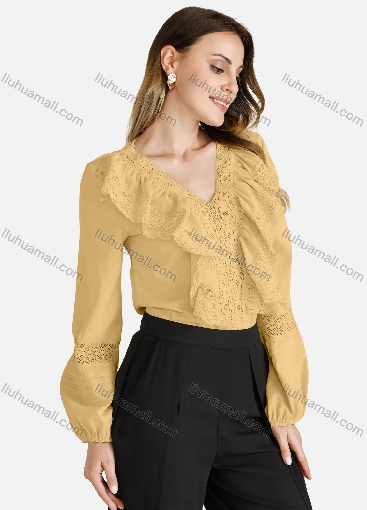 Wholesale Women's Casual Plain Lantern Sleeve V-Neck Lace Ruffle Trim Blouse - Liuhuamall