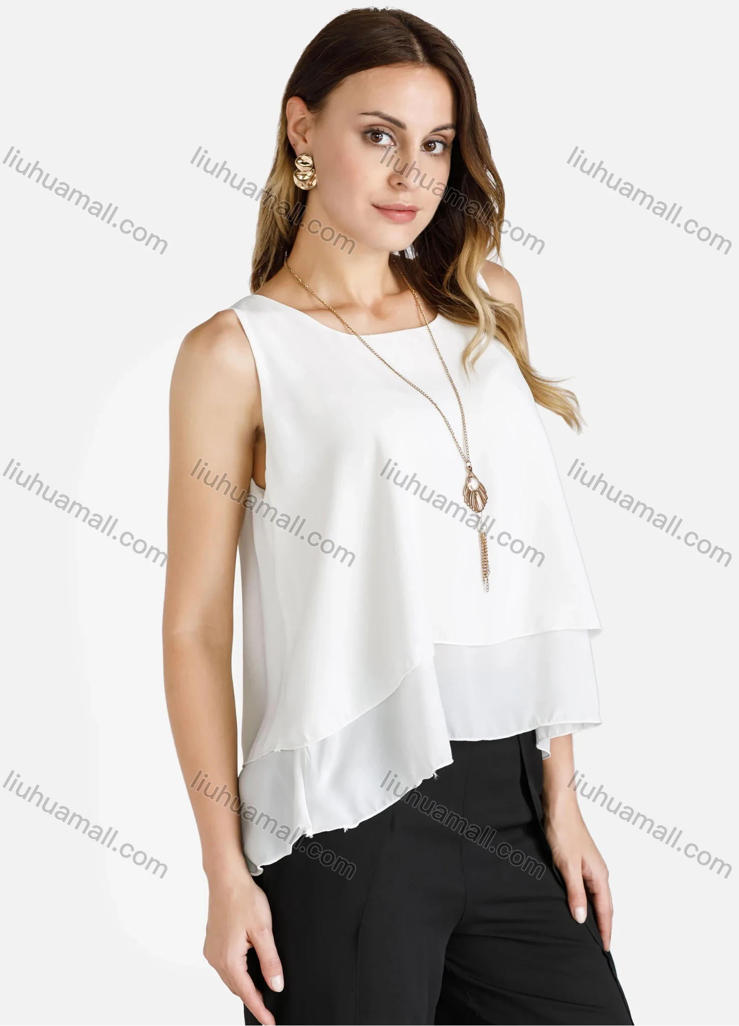 Wholesale Women's Casual Plain Layered Round Neck Ruffle Hem Blouse - Liuhuamall