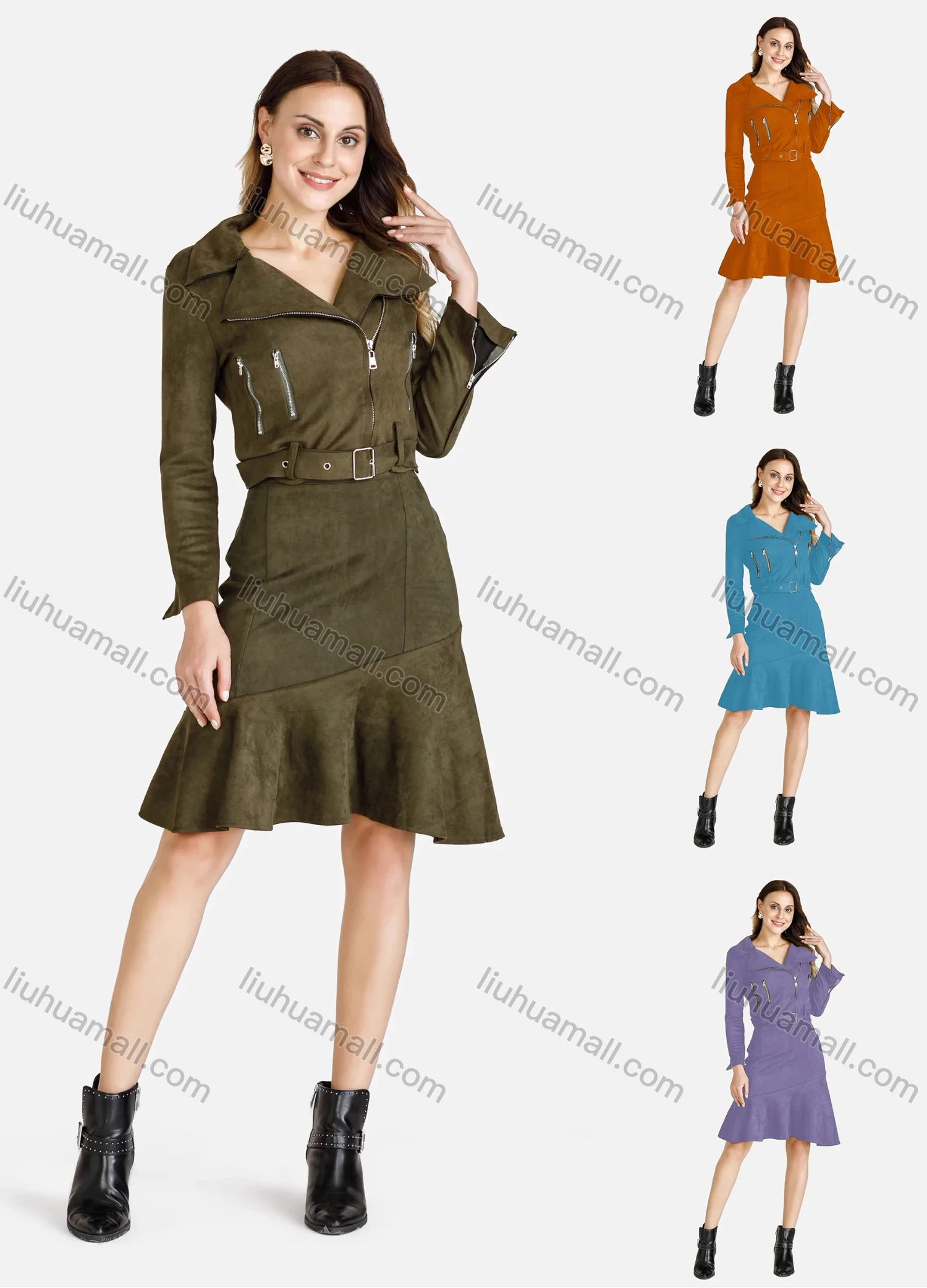 Wholesale Women's Lapel Zipper Crop Suede Jacket With A-Line Ruffle Hem Skirt 2 Piece Set - Liuhuamall