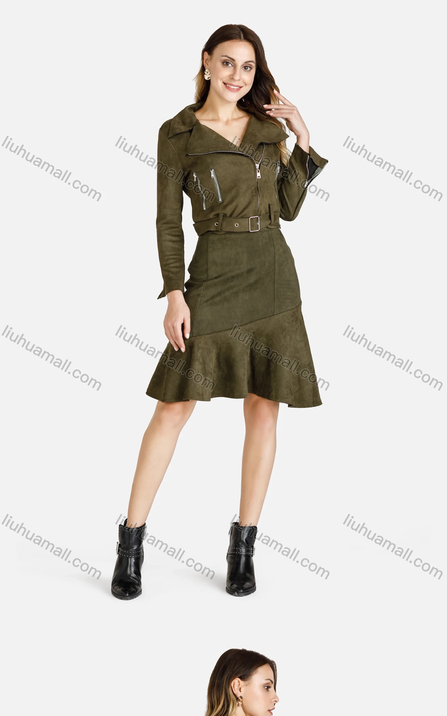 Wholesale Women's Lapel Zipper Crop Suede Jacket With A-Line Ruffle Hem Skirt 2 Piece Set - Liuhuamall