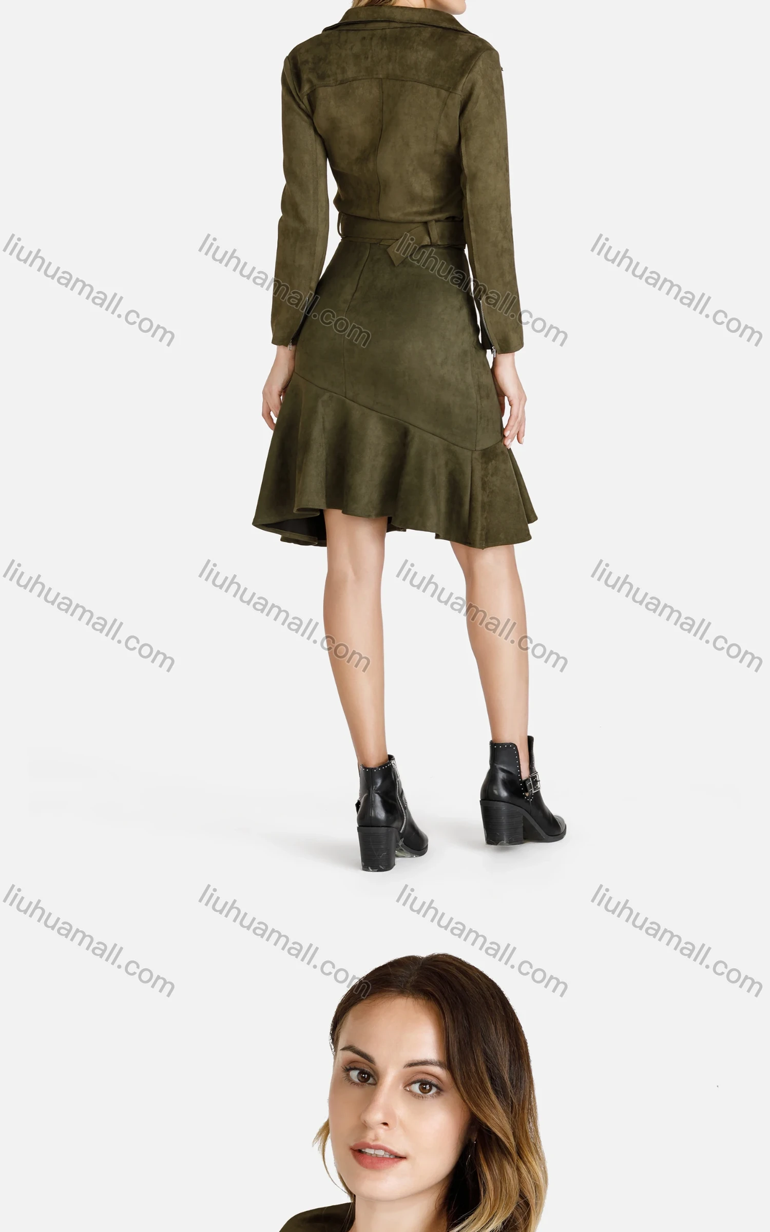 Wholesale Women's Lapel Zipper Crop Suede Jacket With A-Line Ruffle Hem Skirt 2 Piece Set - Liuhuamall