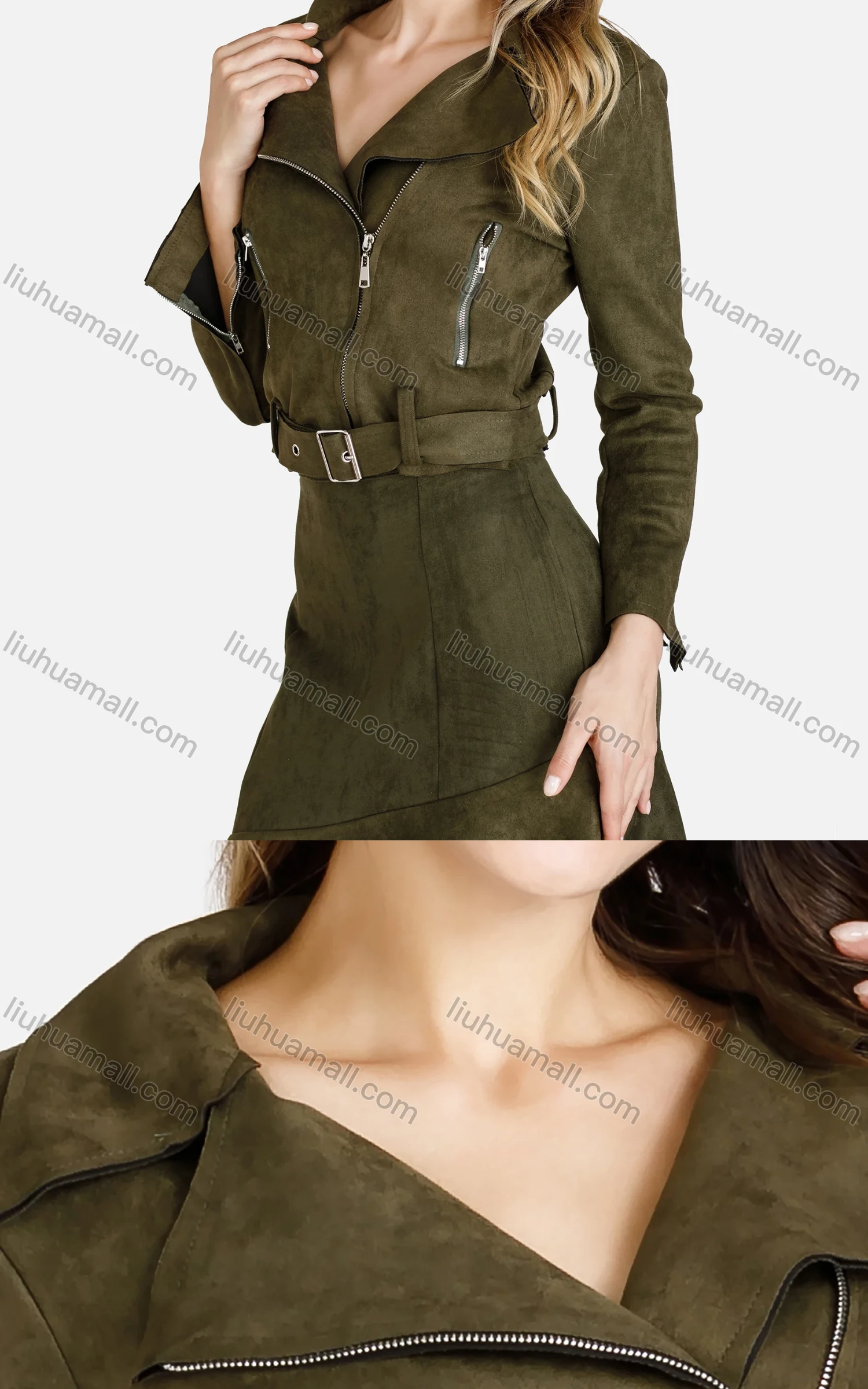 Wholesale Women's Lapel Zipper Crop Suede Jacket With A-Line Ruffle Hem Skirt 2 Piece Set - Liuhuamall