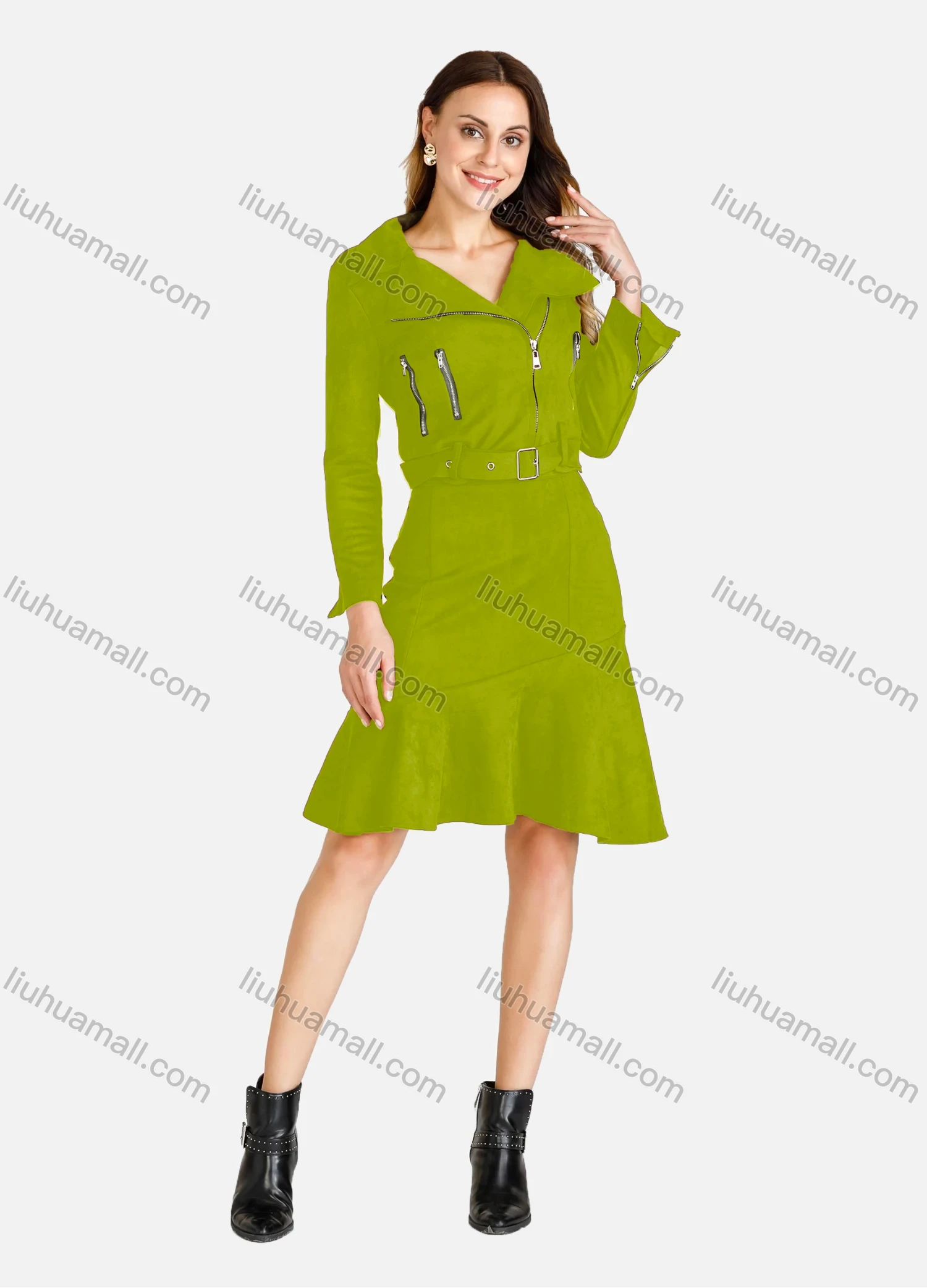 Wholesale Women's Lapel Zipper Crop Suede Jacket With A-Line Ruffle Hem Skirt 2 Piece Set - Liuhuamall