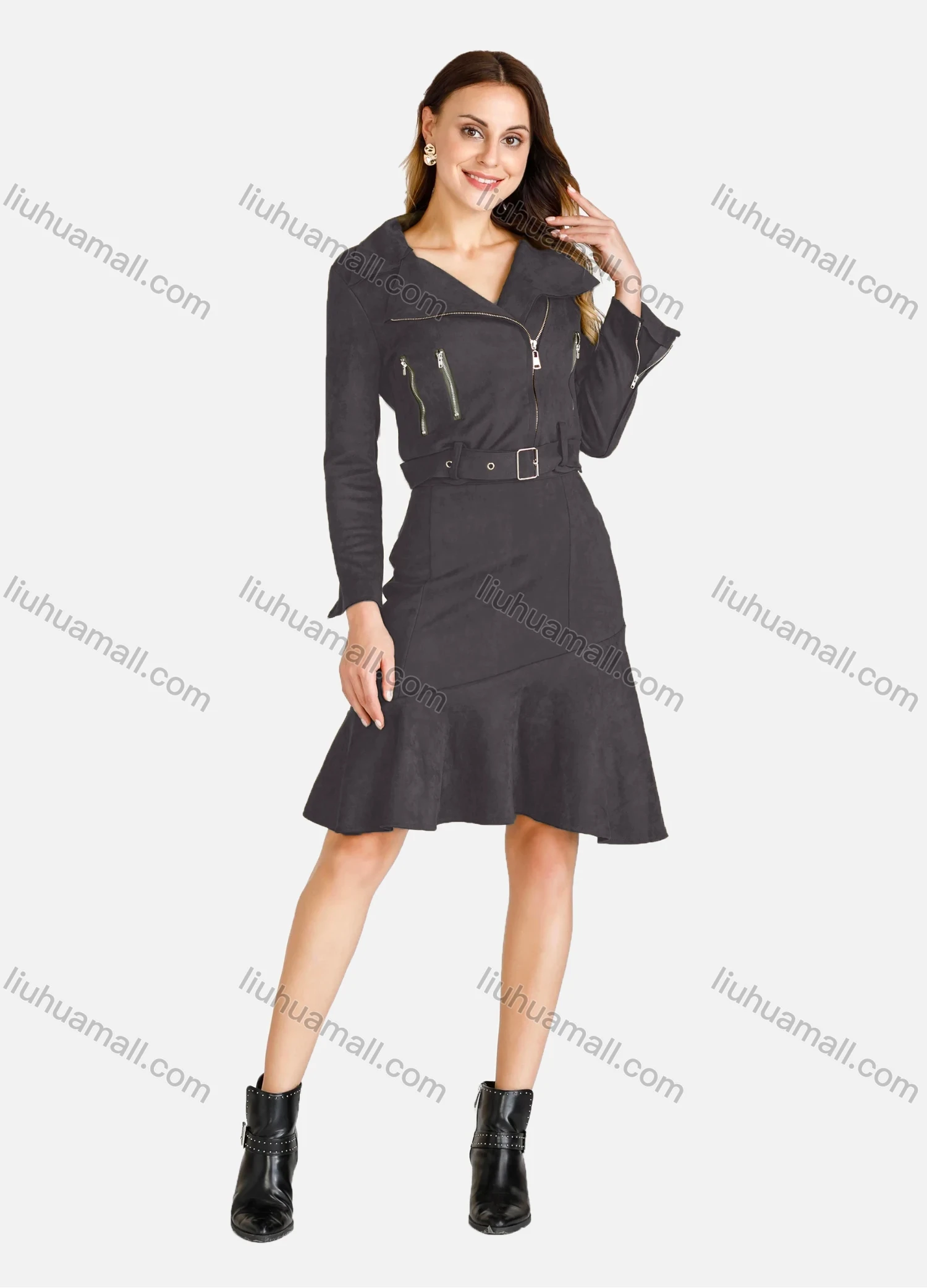 Wholesale Women's Lapel Zipper Crop Suede Jacket With A-Line Ruffle Hem Skirt 2 Piece Set - Liuhuamall