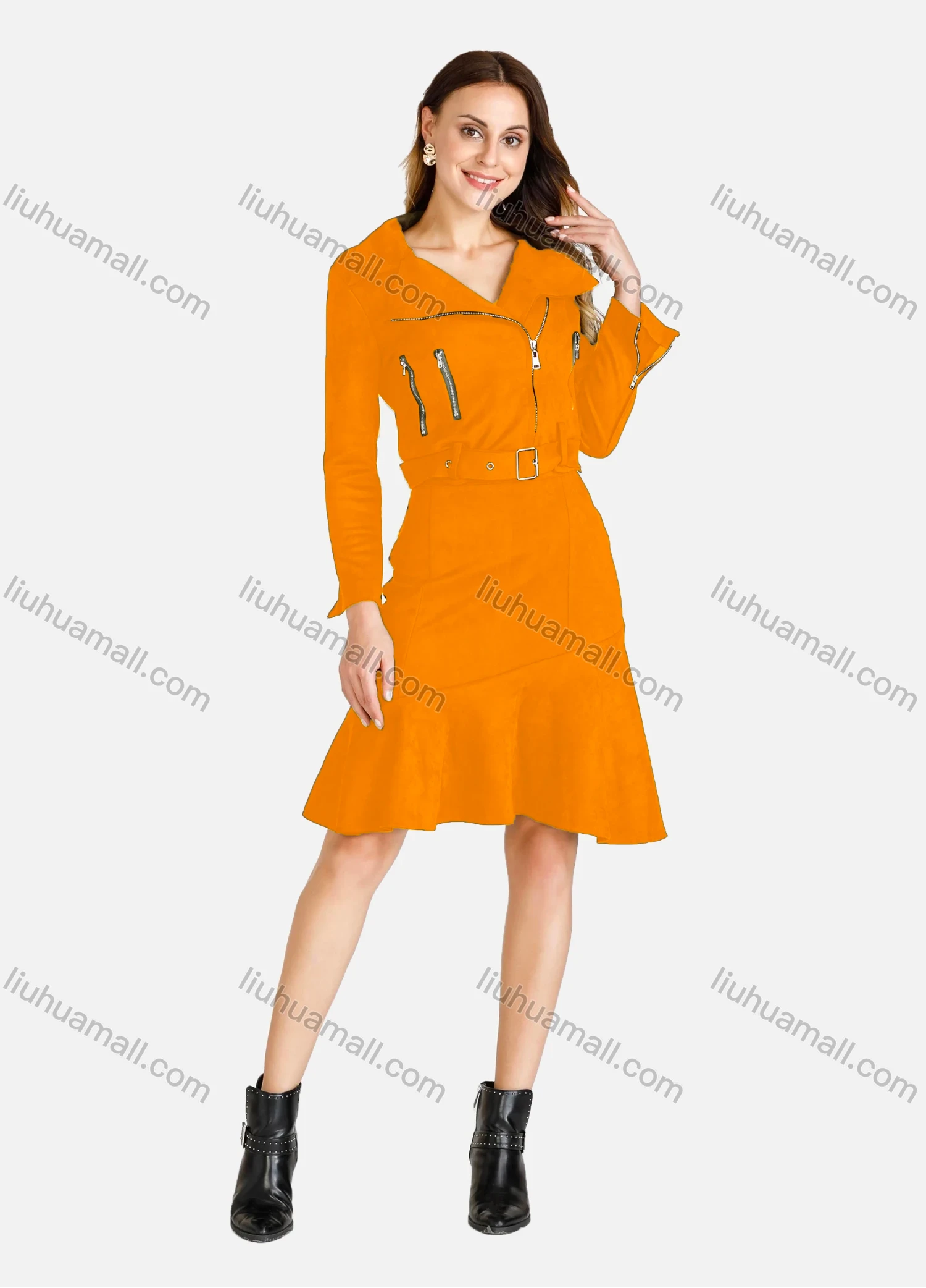 Wholesale Women's Lapel Zipper Crop Suede Jacket With A-Line Ruffle Hem Skirt 2 Piece Set - Liuhuamall