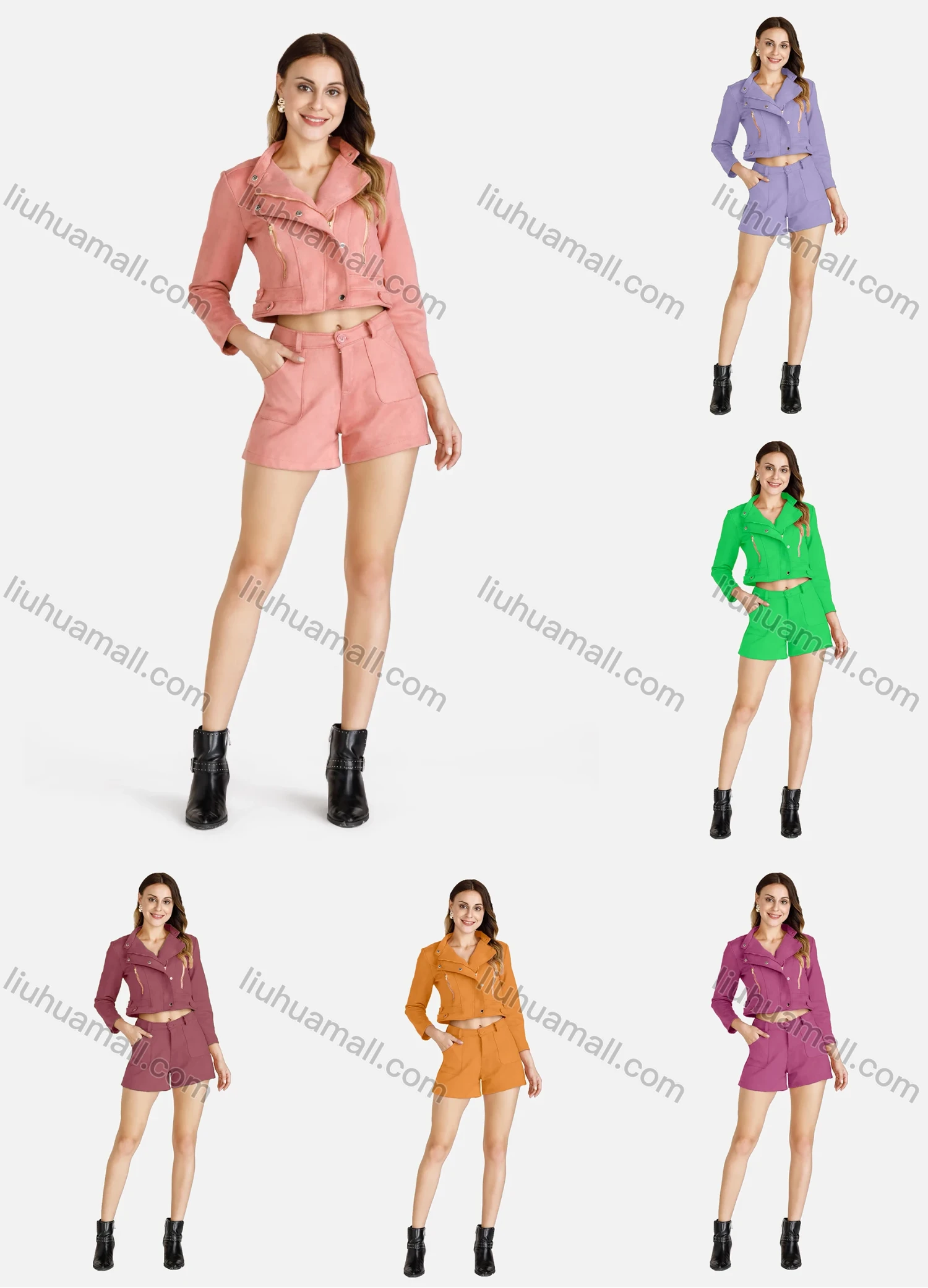 Wholesale Women's Casual Plain Suede Button Front Lapel Crop Jacket With Shorts 2 Piece Set - Liuhuamall