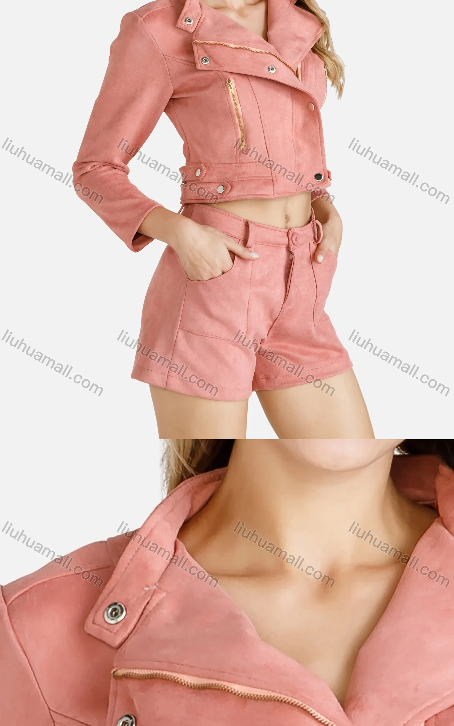 Wholesale Women's Casual Plain Suede Button Front Lapel Crop Jacket With Shorts 2 Piece Set - Liuhuamall