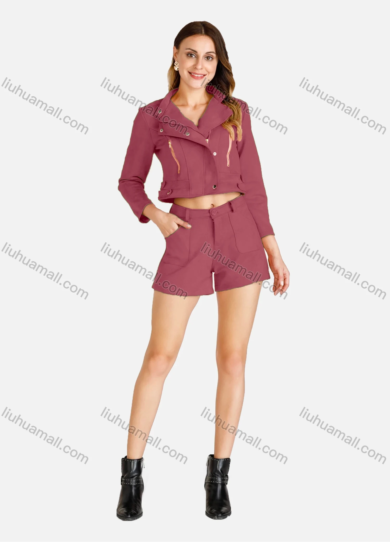 Wholesale Women's Casual Plain Suede Button Front Lapel Crop Jacket With Shorts 2 Piece Set - Liuhuamall