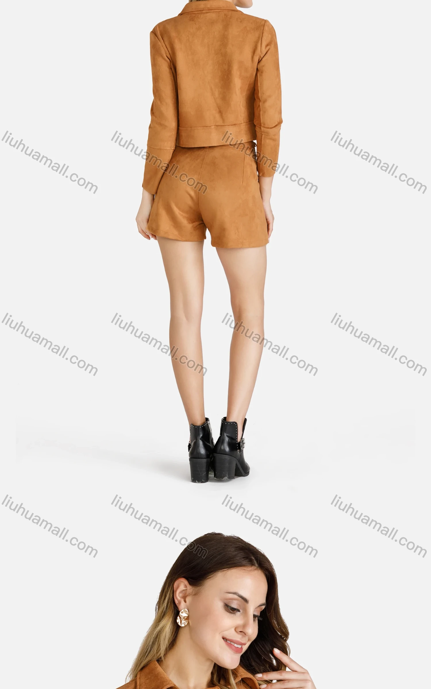 Wholesale Women's Button Down Flap Pocket Crop Suede Jacket With Shorts 2 Piece Set - Liuhuamall