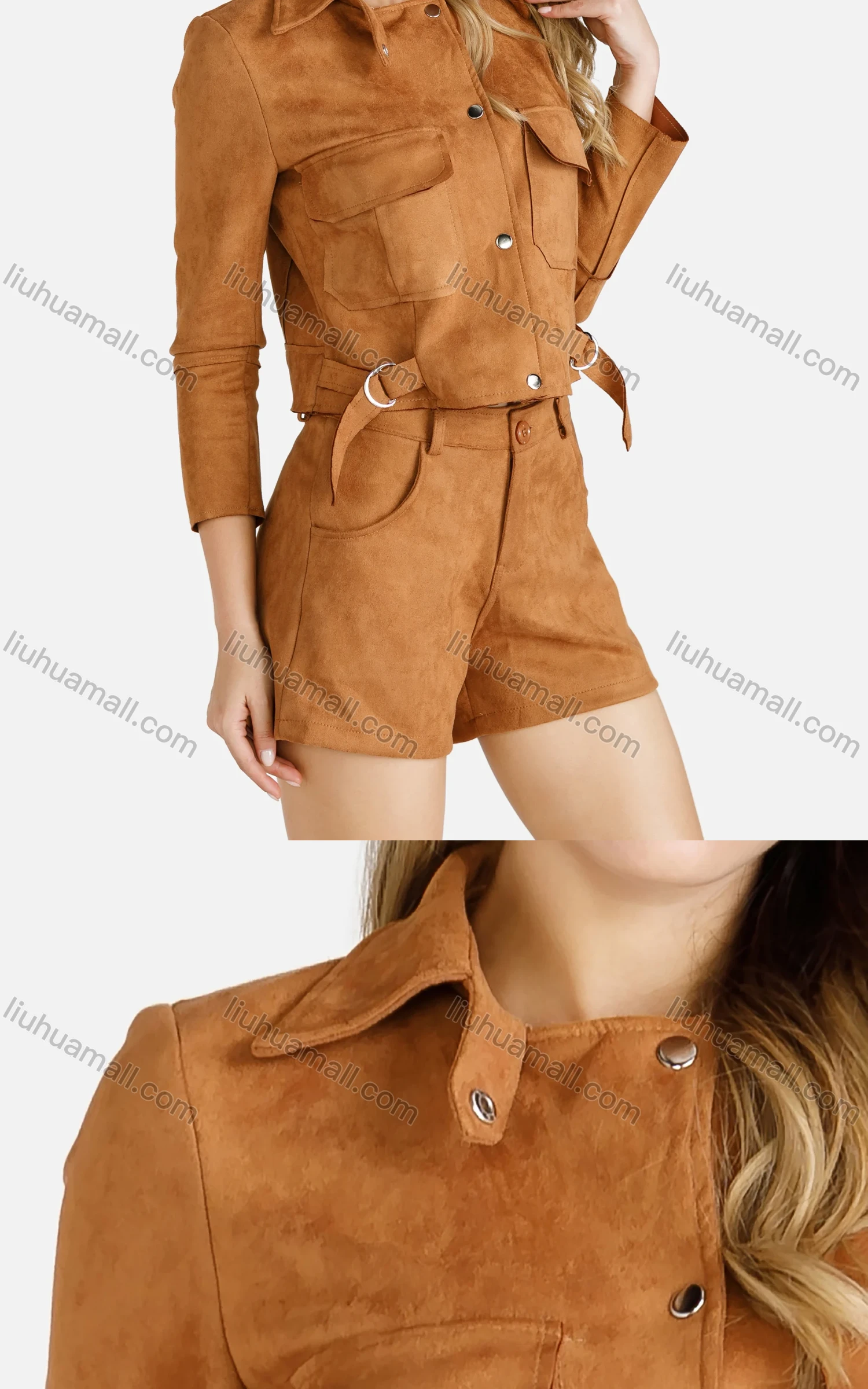 Wholesale Women's Button Down Flap Pocket Crop Suede Jacket With Shorts 2 Piece Set - Liuhuamall
