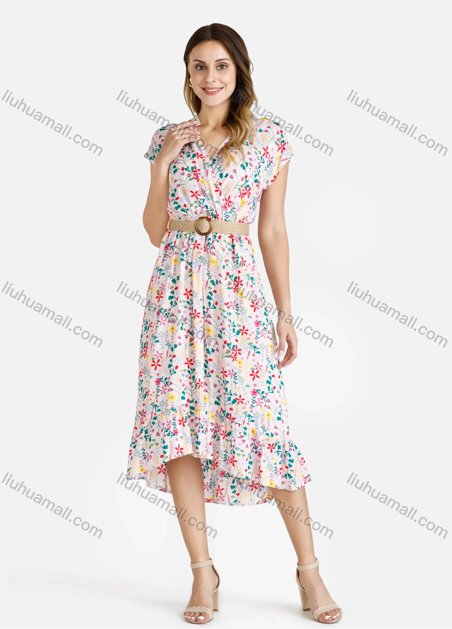 Wholesale Women's High Waist Allover Floral Print Wrap Cap Sleeve Midi Dress With Belted - Liuhuamall