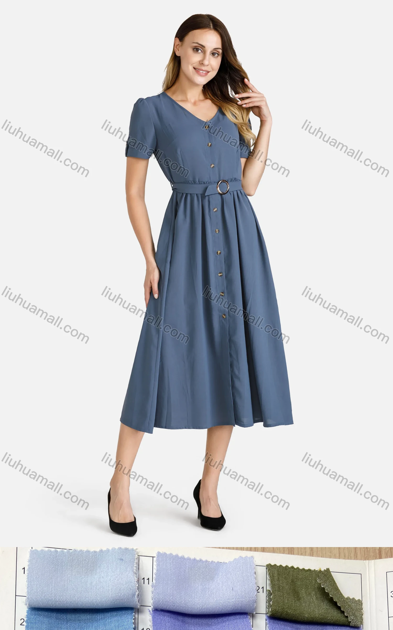 Wholesale Women's V Neck Button Front Belted Plain Midi Dress - Liuhuamall