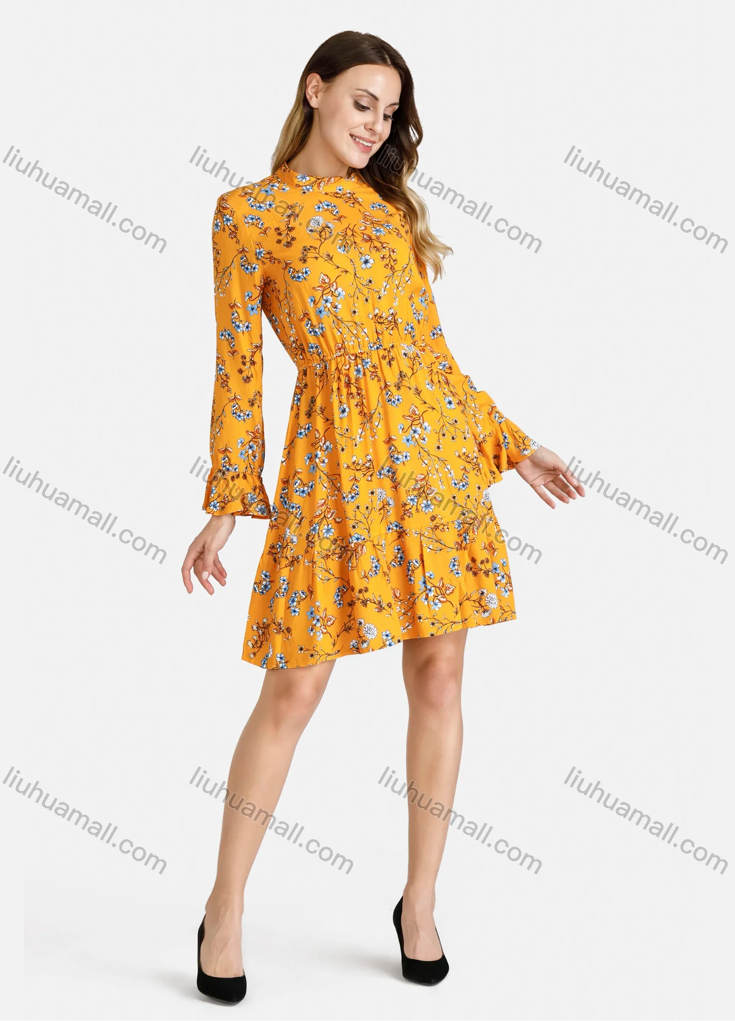Wholesale Women's Floral Print Poet Sleeve Mock Neck High Waist Short Dress - Liuhuamall