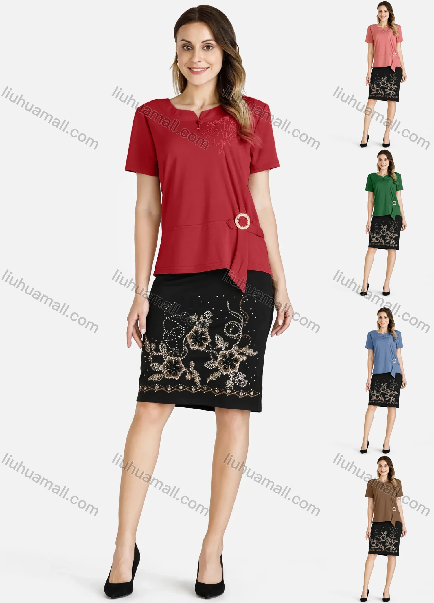Wholesale Women's Casual Notch Neck Sequin Blouse & Floral Print Skirt Set - Liuhuamall