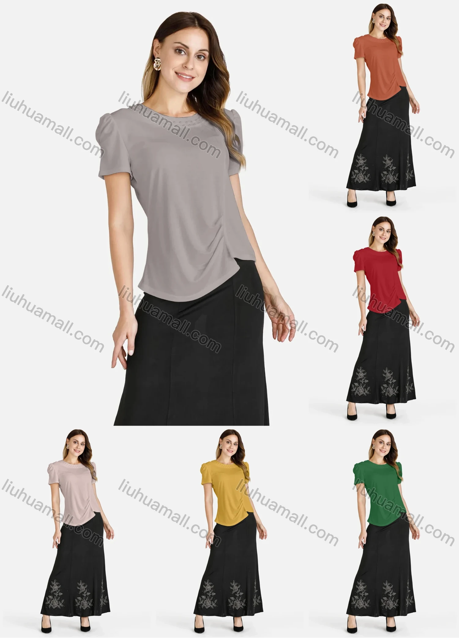 Wholesale Women's Casual Short Sleeve Pearl Decro Top & A Line Long Skirt Set - Liuhuamall