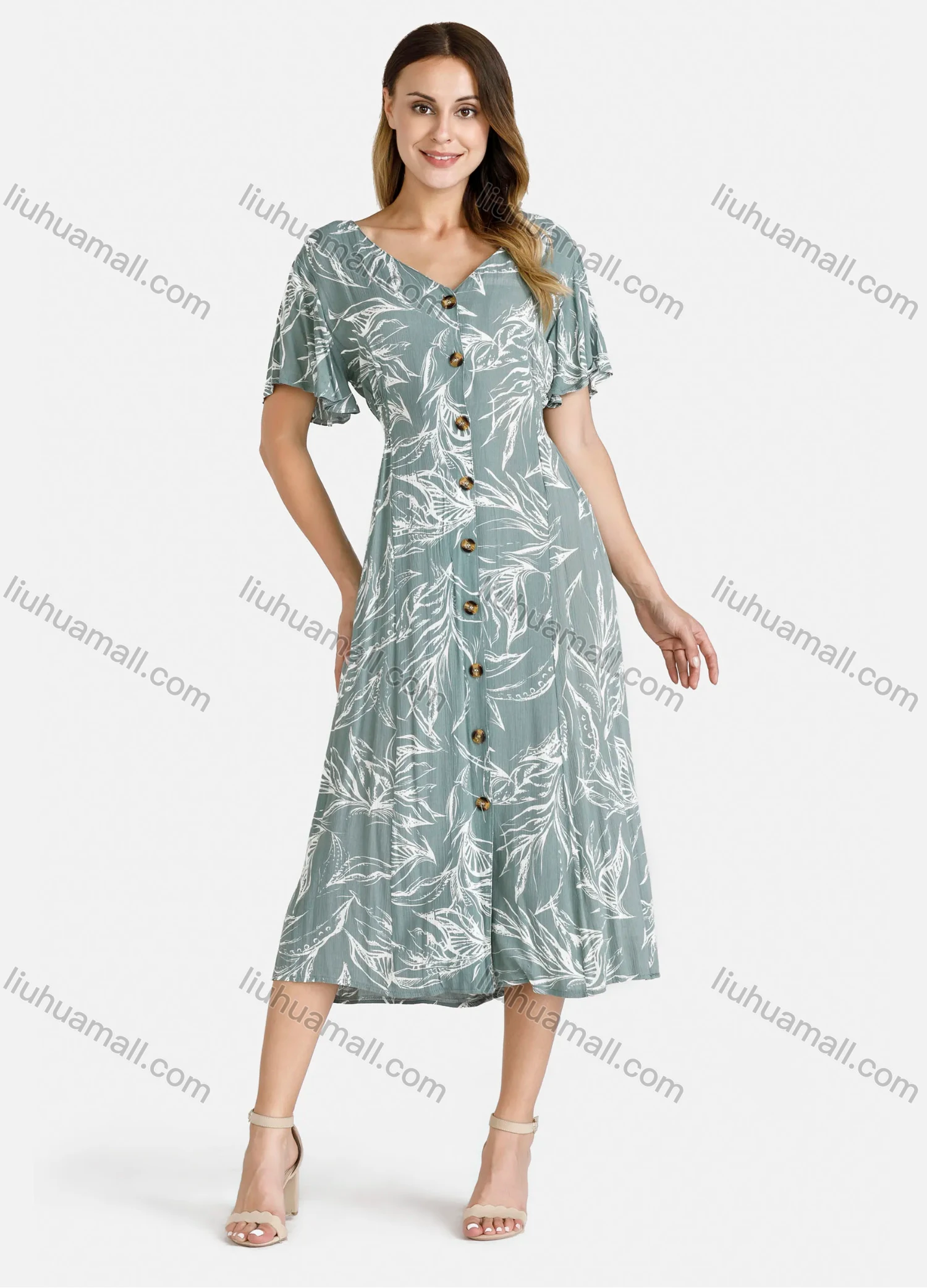 Wholesale Women's Casual V-Neck Ruffle Sleeve Button Down Plant Print Midi Dress 0577-9059# - Liuhuamall
