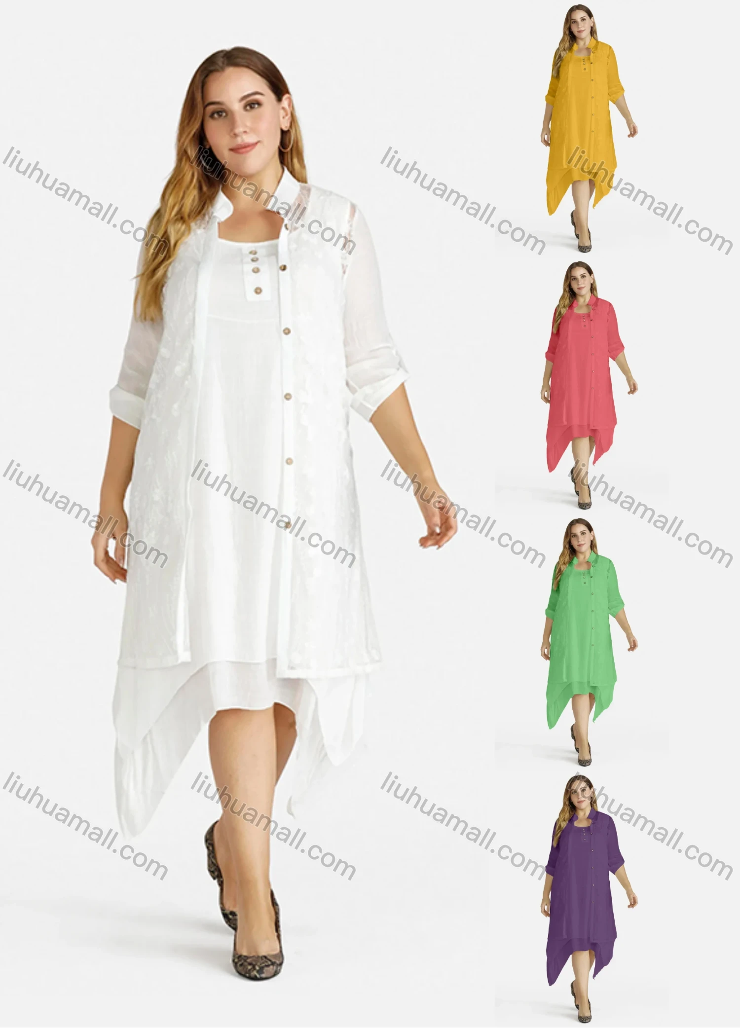 Wholesale Women's Linen Layered Plain Midi Tank Dress With Cardigan - Liuhuamall