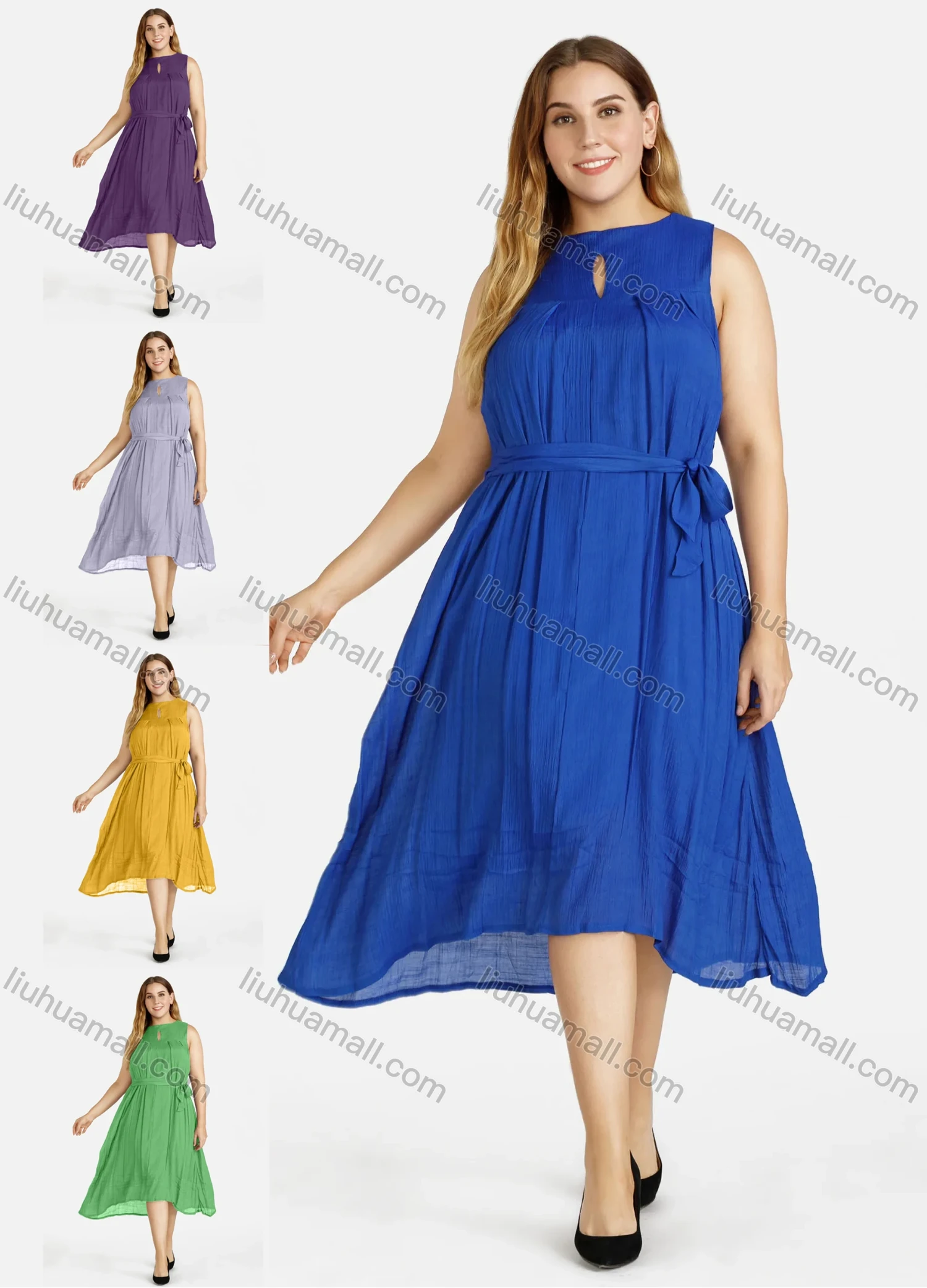 Wholesale Women's Linen Plain Sleeveless Keyhole Neck Midi Dress With Belt - Liuhuamall