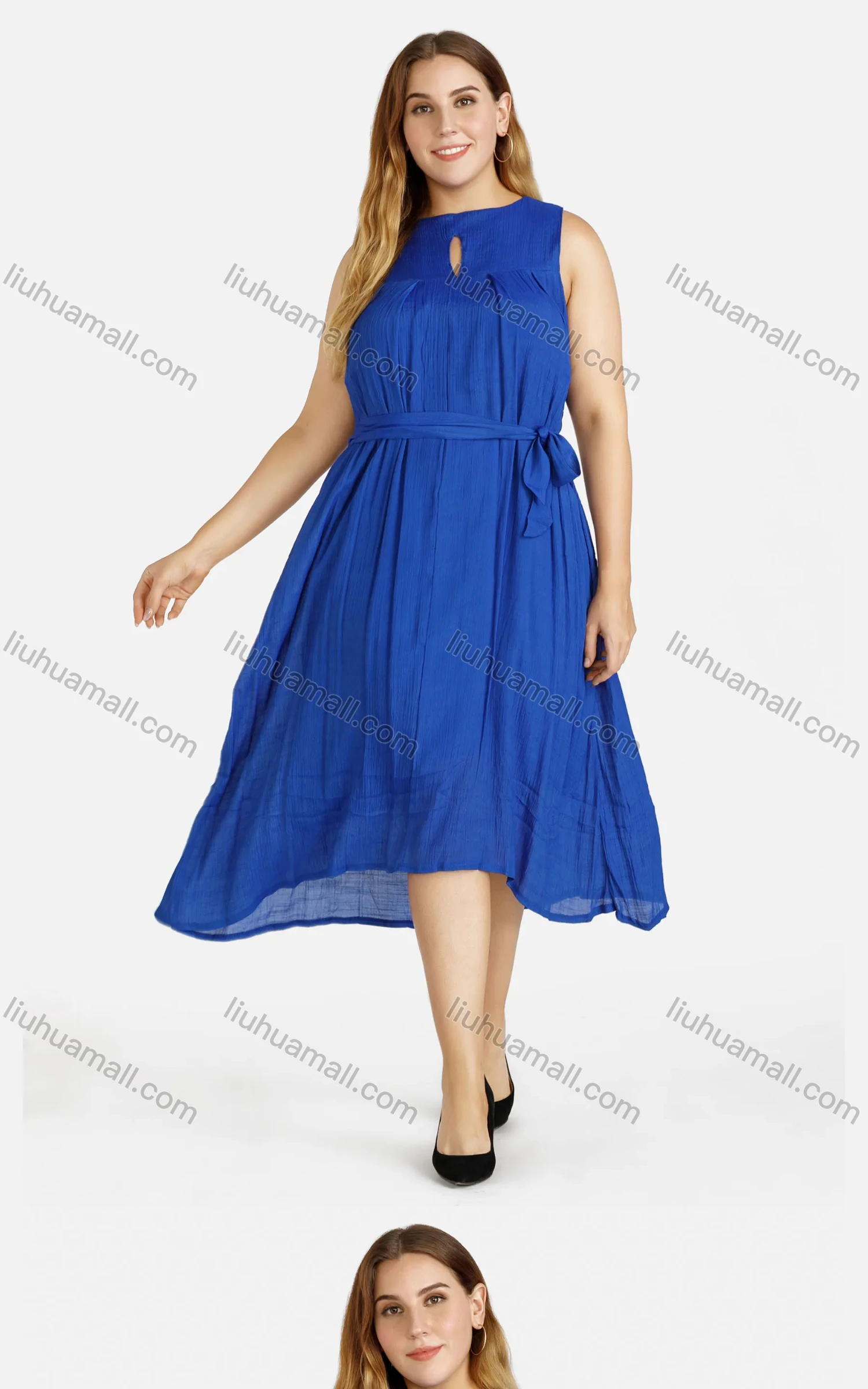 Wholesale Women's Linen Plain Sleeveless Keyhole Neck Midi Dress With Belt - Liuhuamall