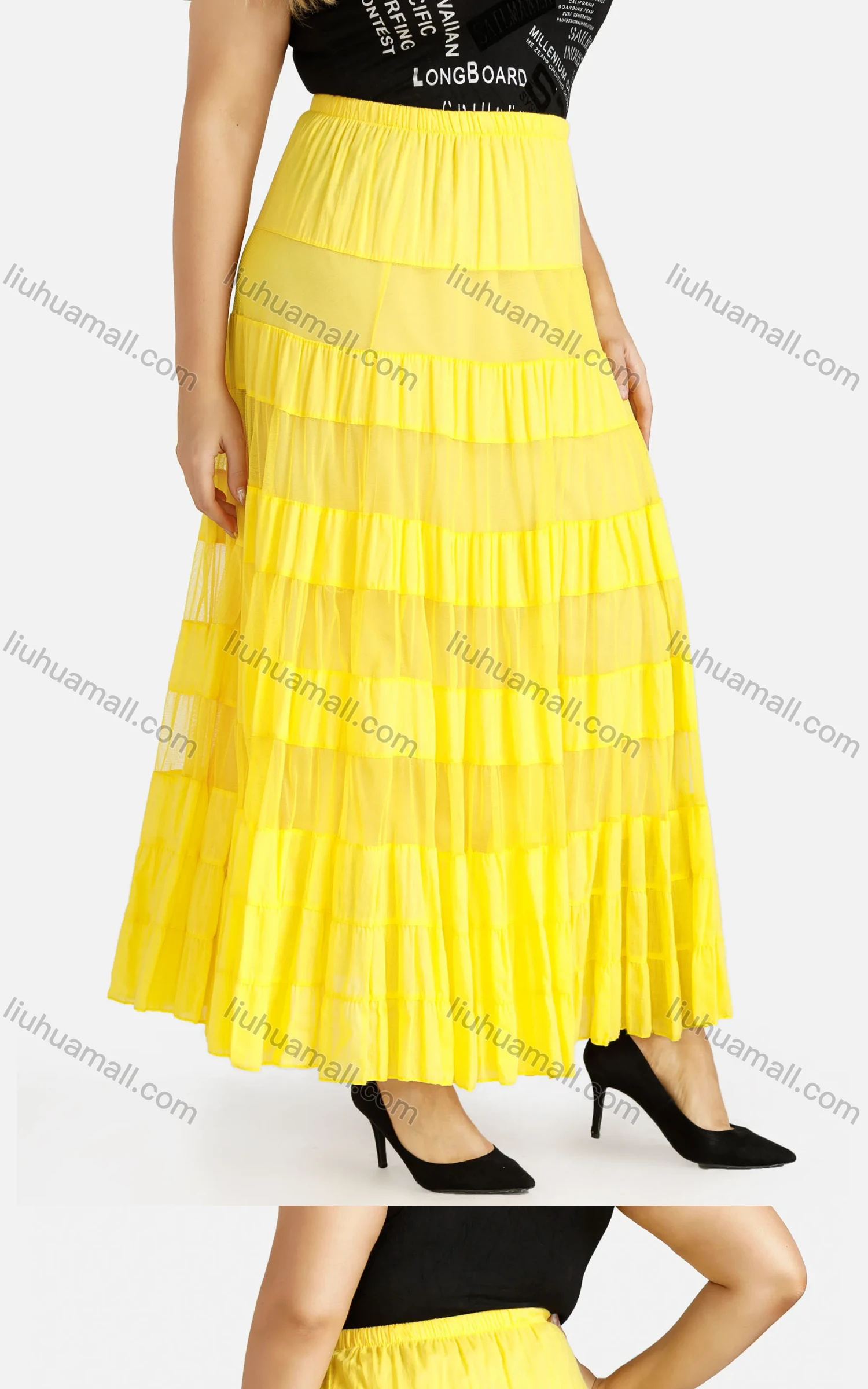 Wholesale Women's Casual Elastic Waist Tiered Pleated Maxi Skirt - Liuhuamall
