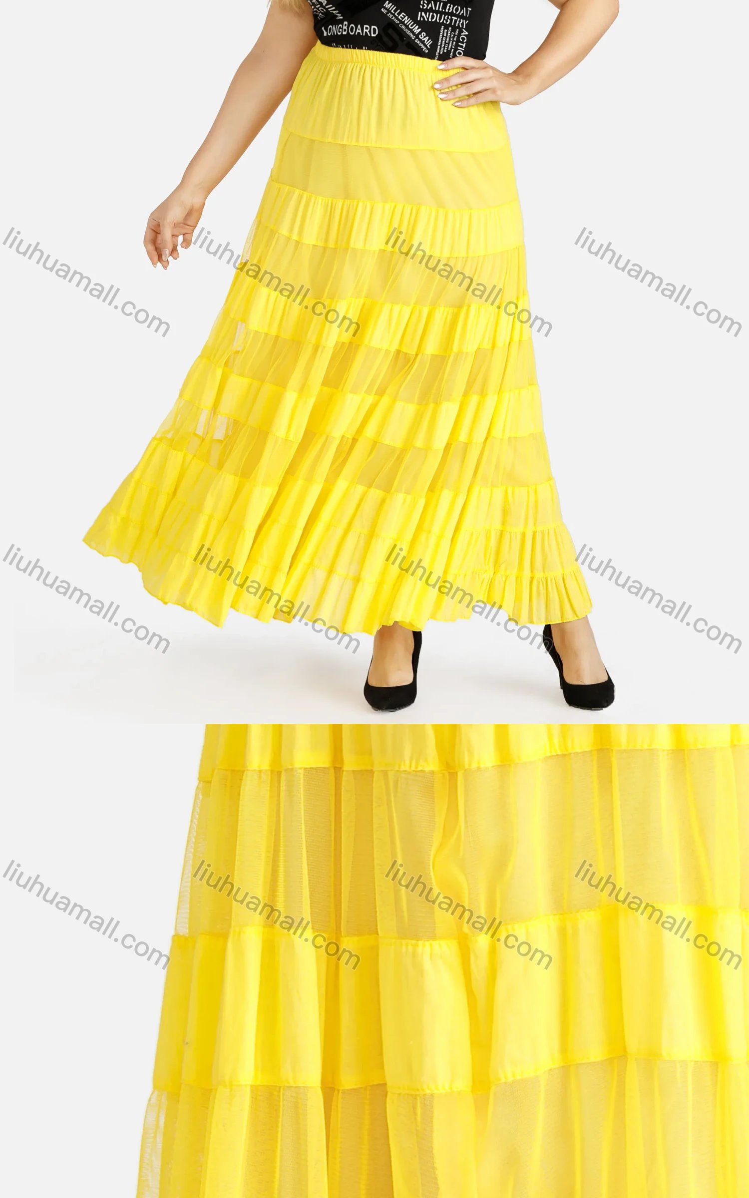 Wholesale Women's Casual Elastic Waist Tiered Pleated Maxi Skirt - Liuhuamall