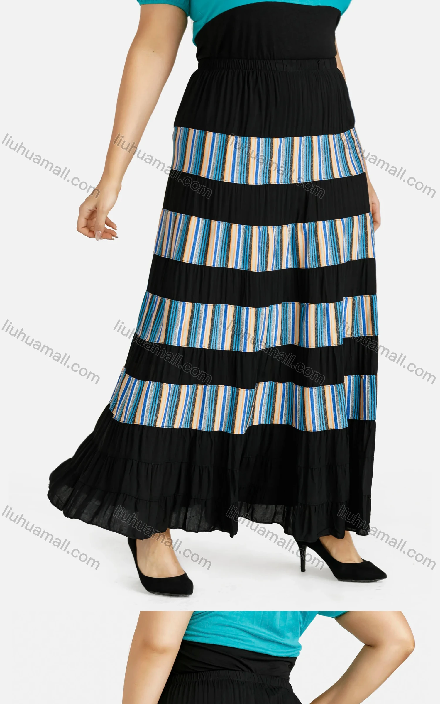Wholesale Women's Casual Striped Patchwork Elastic Waist Ruffled Hem Pleated Maxi Skirt - Liuhuamall