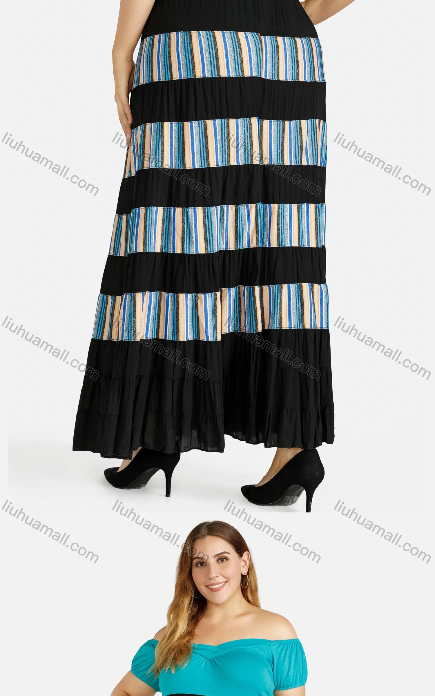 Wholesale Women's Casual Striped Patchwork Elastic Waist Ruffled Hem Pleated Maxi Skirt - Liuhuamall