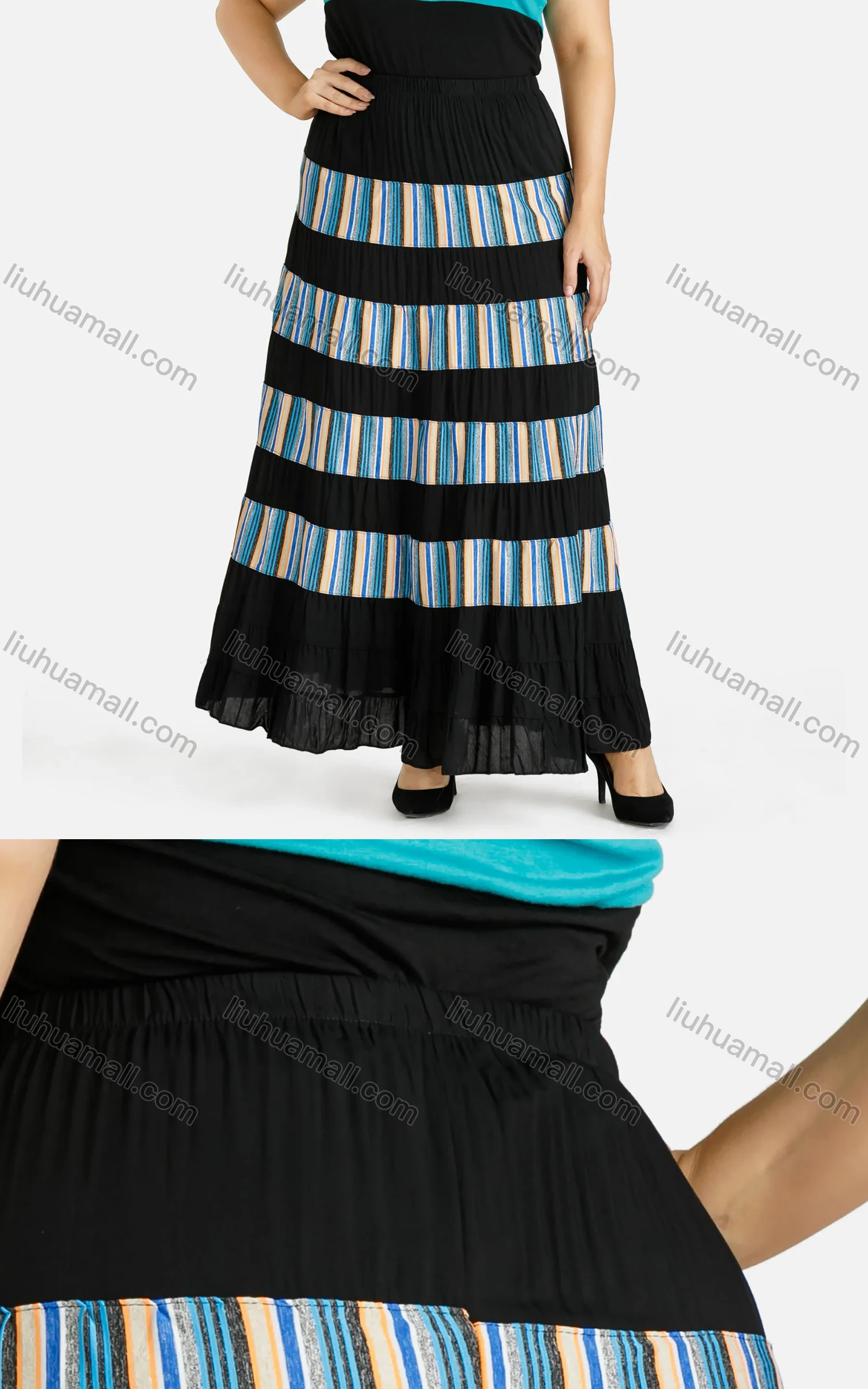 Wholesale Women's Casual Striped Patchwork Elastic Waist Ruffled Hem Pleated Maxi Skirt - Liuhuamall