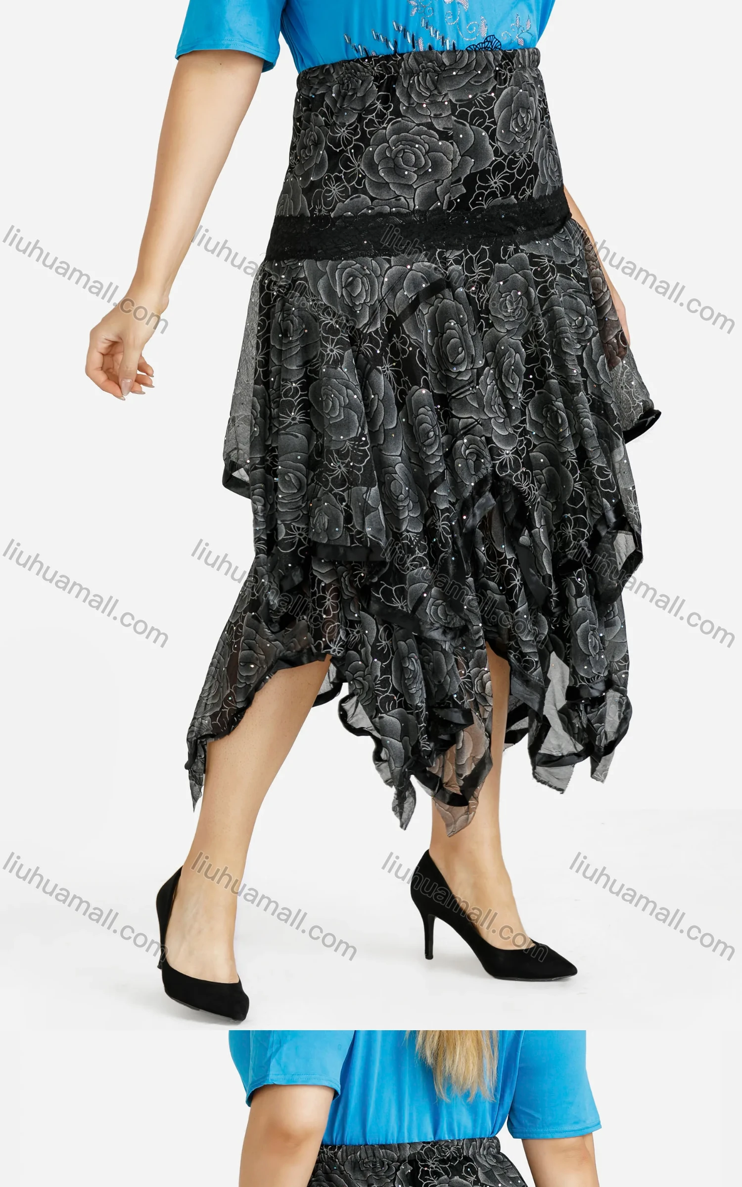 Wholesale Women's Hanky Hem Floral Print Elastic High Waist Maxi Skirt - Liuhuamall