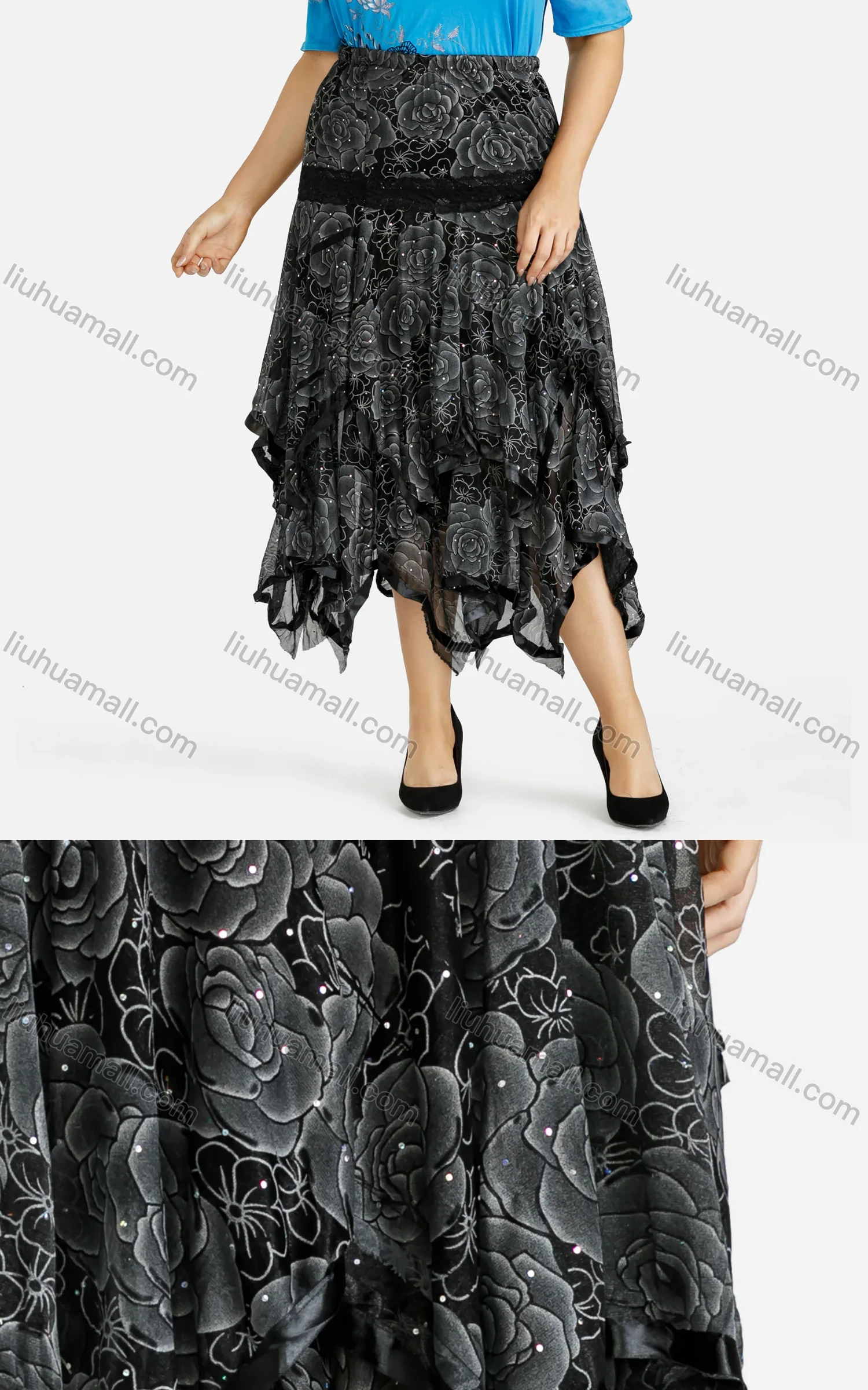 Wholesale Women's Hanky Hem Floral Print Elastic High Waist Maxi Skirt - Liuhuamall
