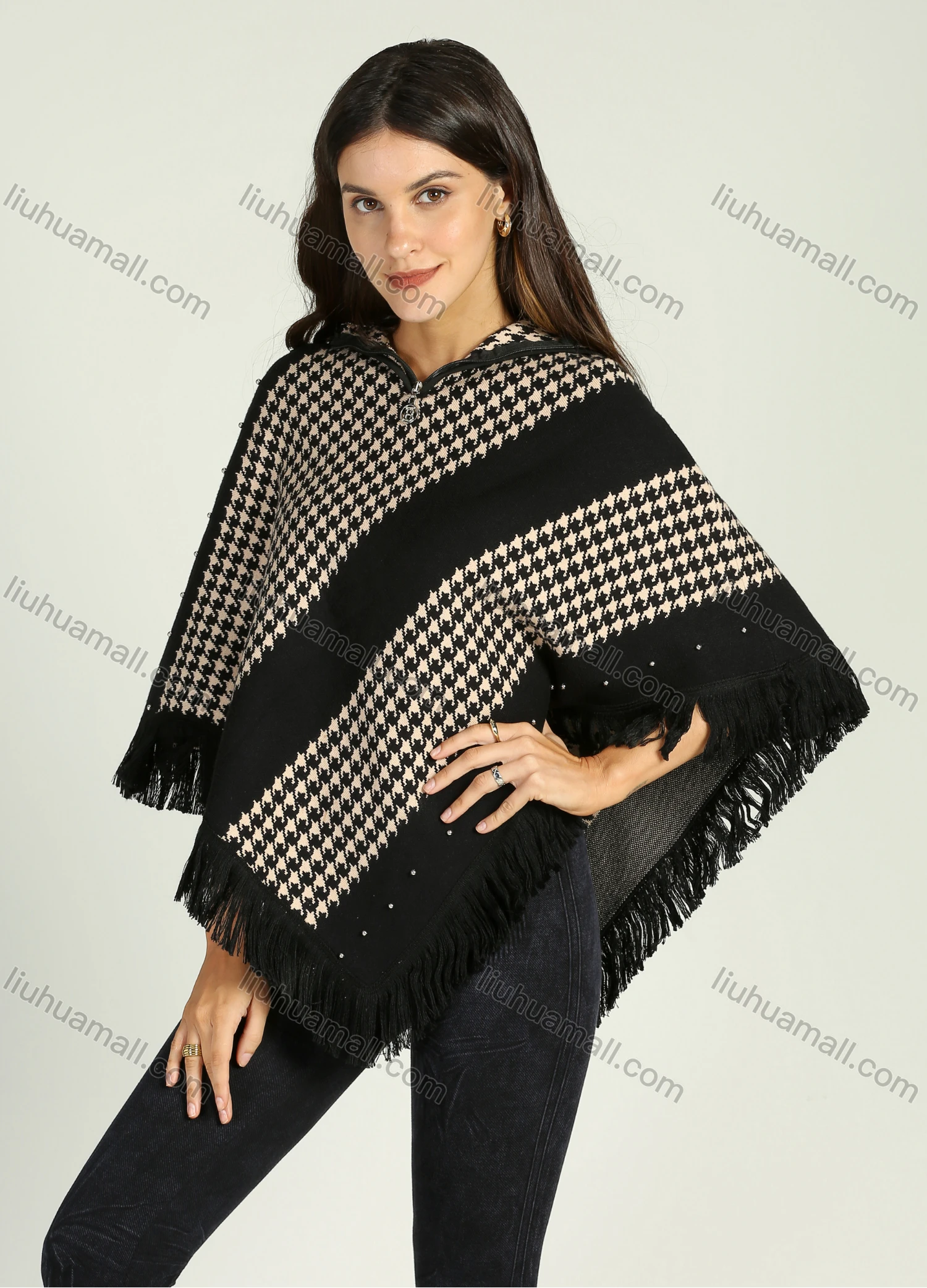 Wholesale Women's Zip Collar Houndstooth Print Fringe Trim Knit Poncho - Liuhuamall