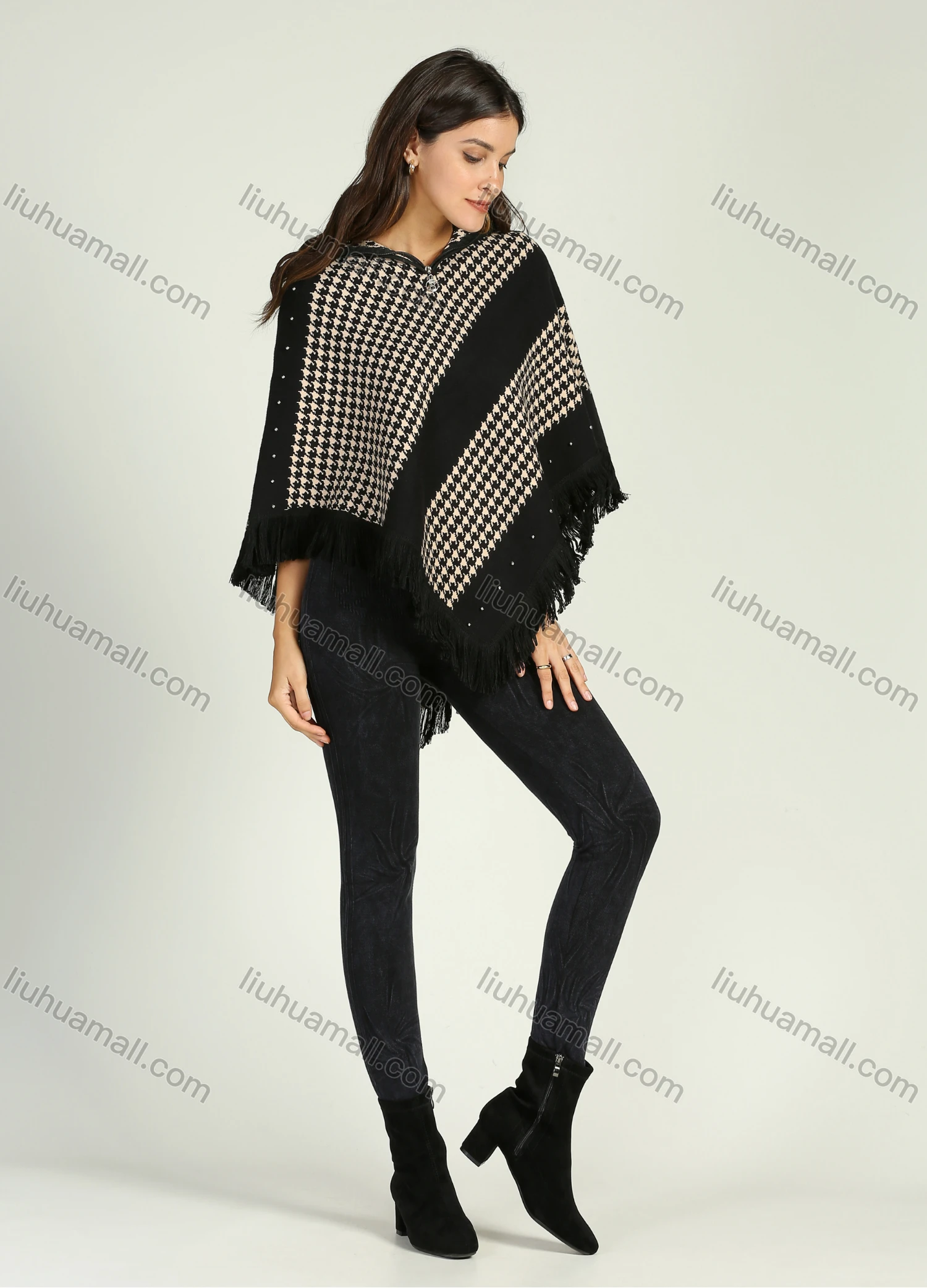 Wholesale Women's Zip Collar Houndstooth Print Fringe Trim Knit Poncho - Liuhuamall