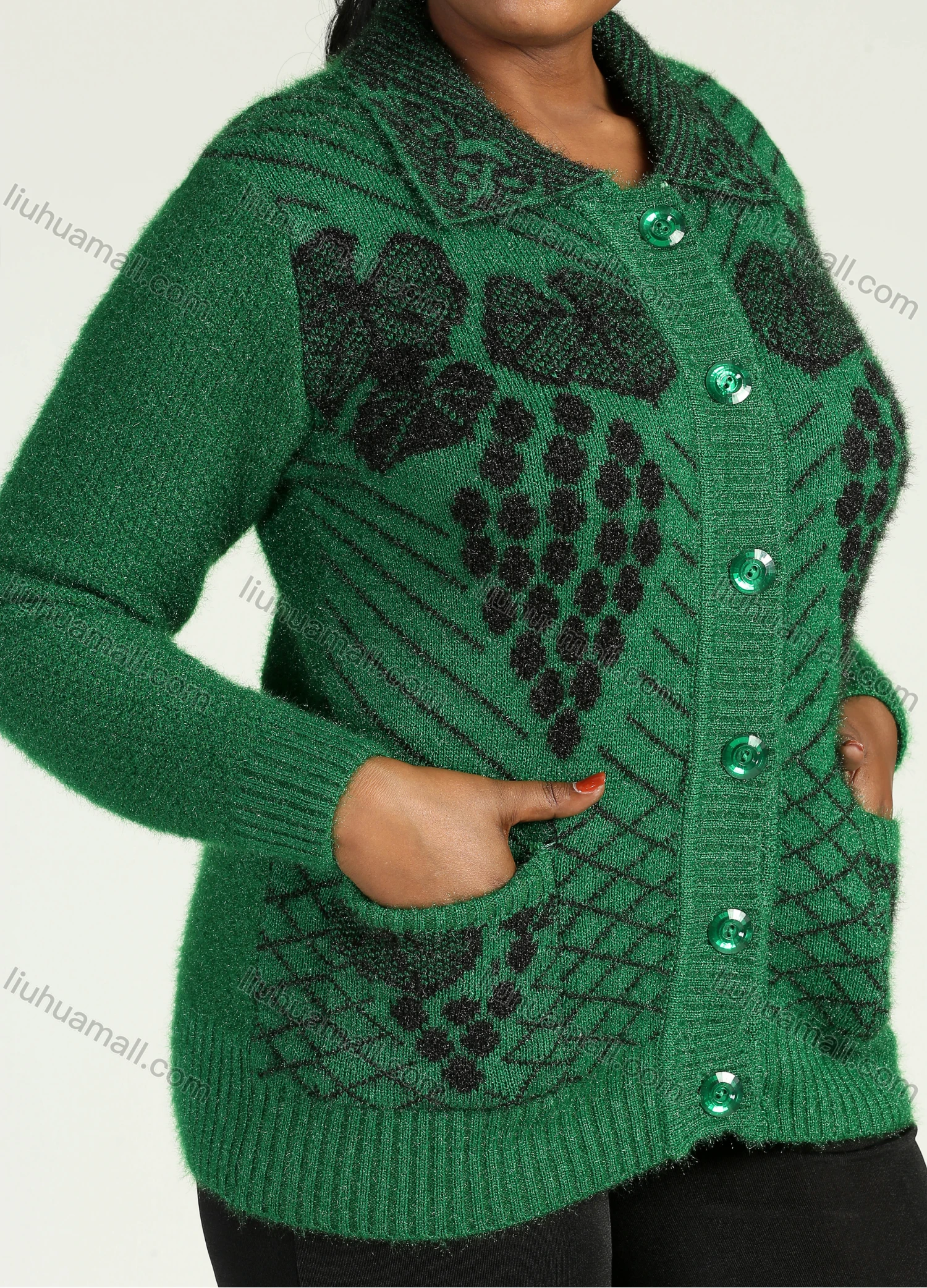 Wholesale Women's Collared Button Front Dual Pockets Floral Knitted Coat - Liuhuamall