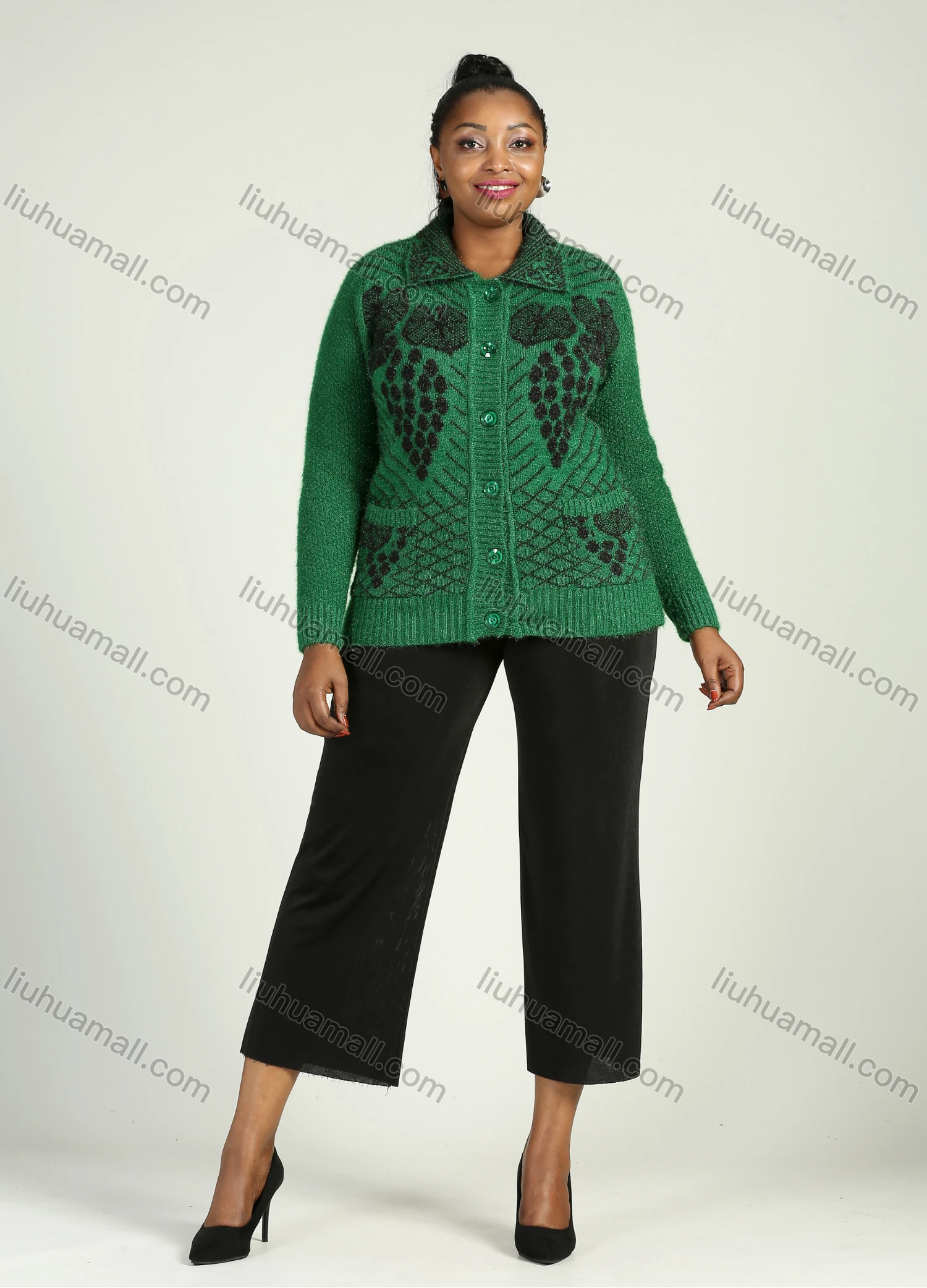 Wholesale Women's Collared Button Front Dual Pockets Floral Knitted Coat - Liuhuamall