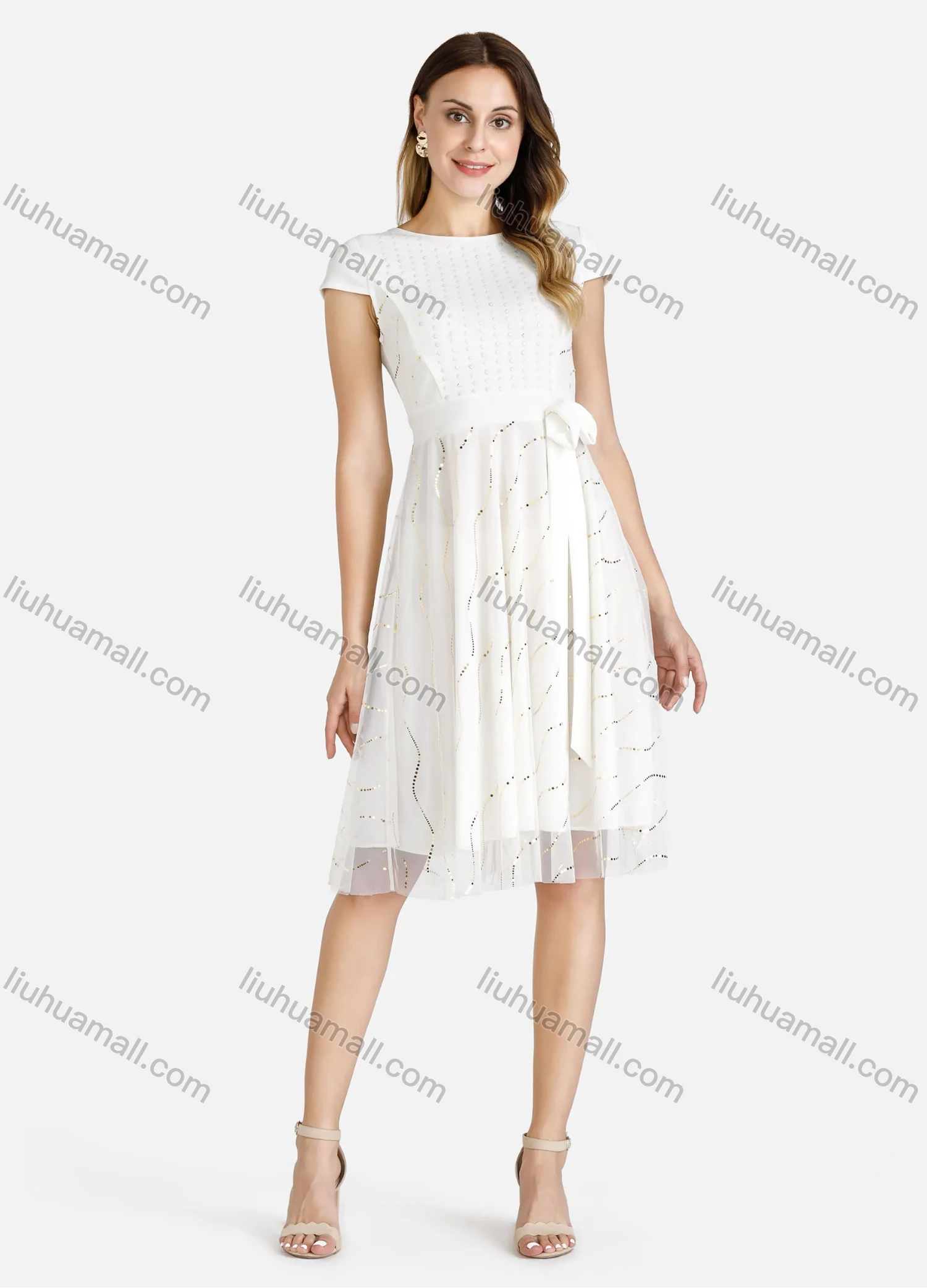 Wholesale Women's Plain Round Neck Cap Sleeve Sequin Mesh Chiffon A-Line Knee Length Dress - Liuhuamall