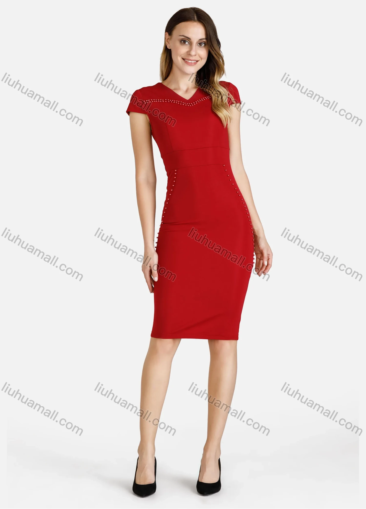 Wholesale Women's Plain V-Neck Cap Sleeve Pearl Decor Bodycon Knee Length Dress - Liuhuamall