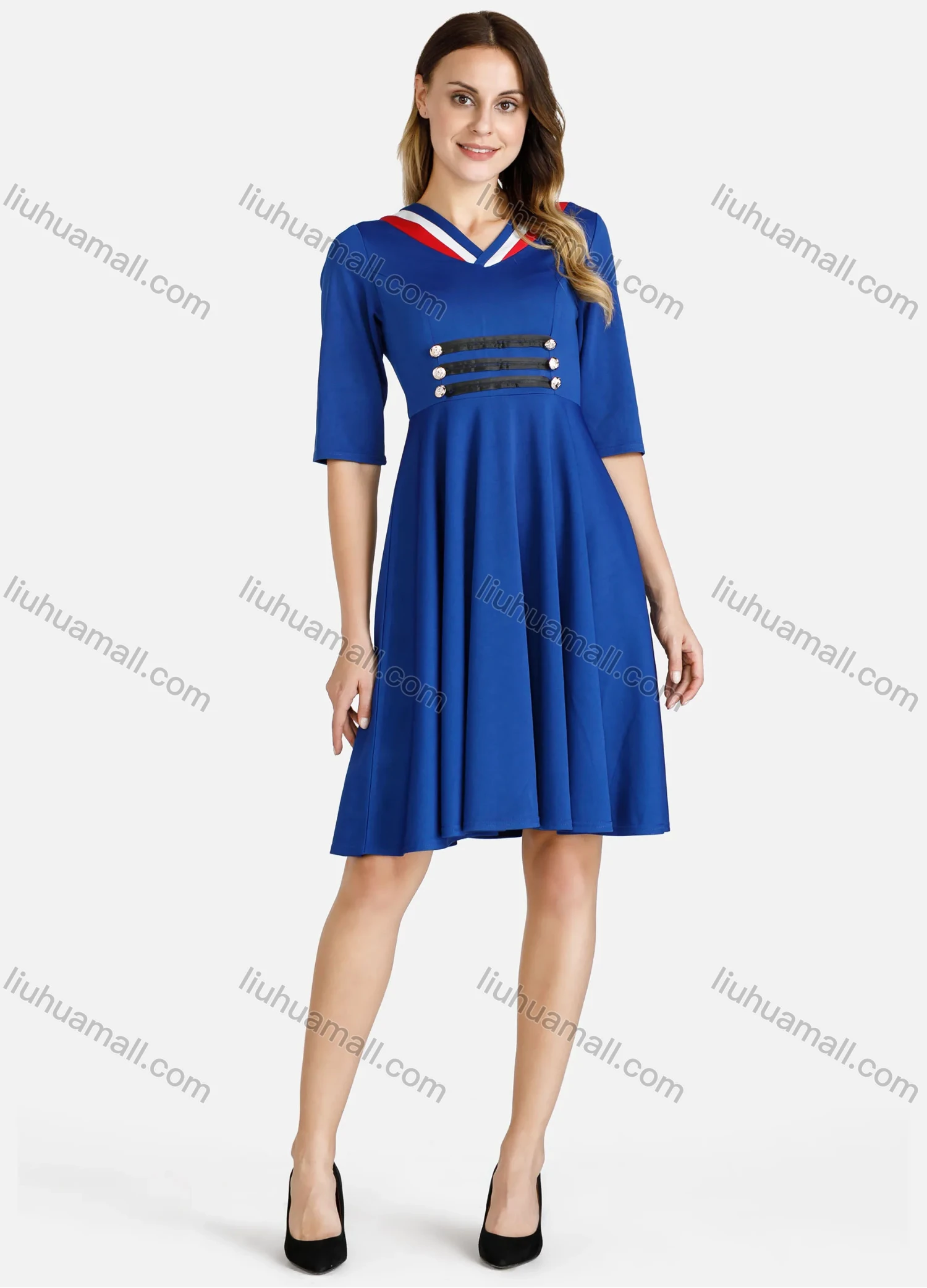 Wholesale Women's V Neck Half Sleeve Rhinestone A Line Pleated Knee Length Dress - Liuhuamall